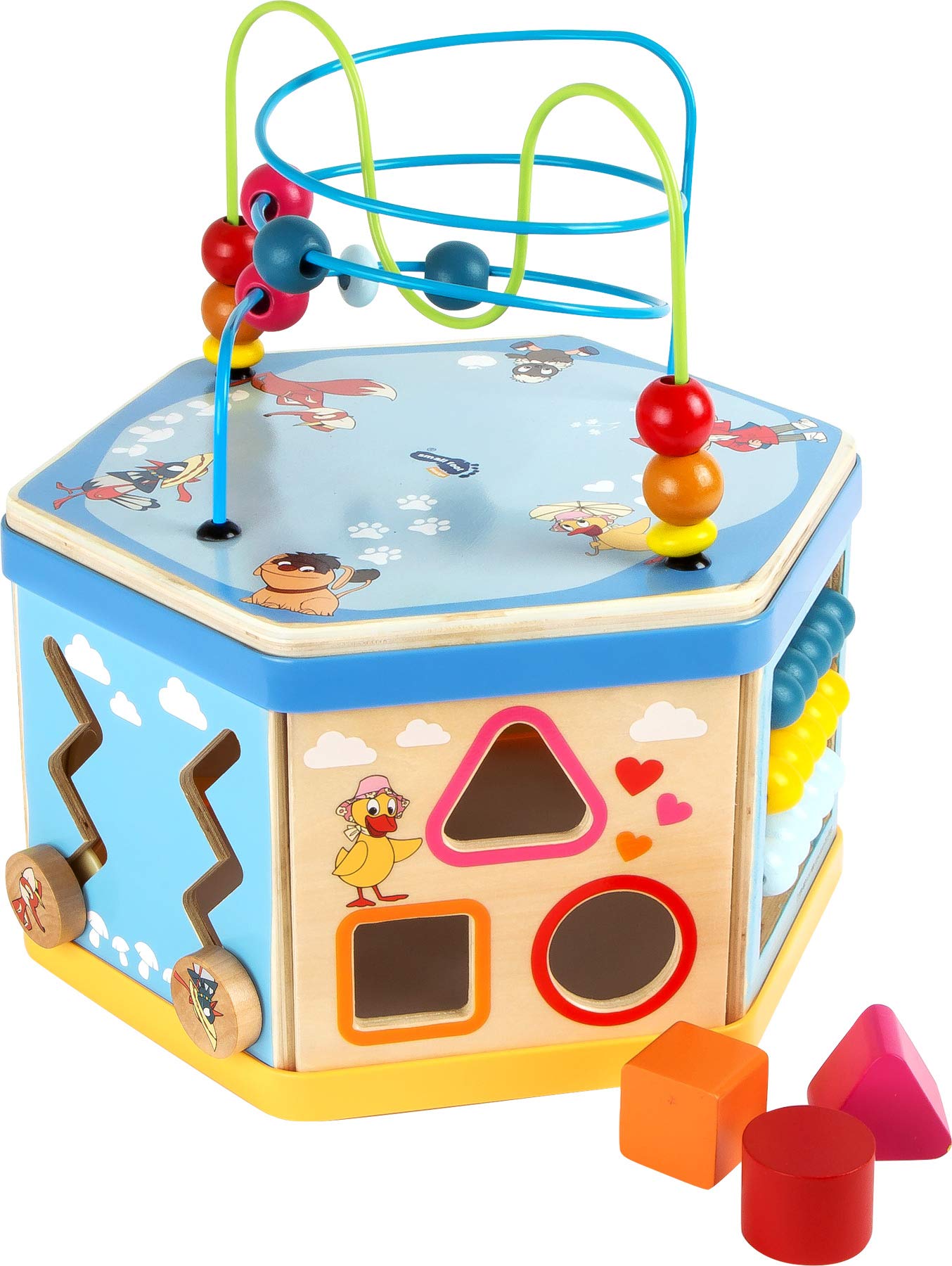 Small Foot 10433 - Cubo de motricidad Sandmännchen, con Formas, Juego de Empuje, Caja de música y bucles de motricidad, a Partir de 1 año