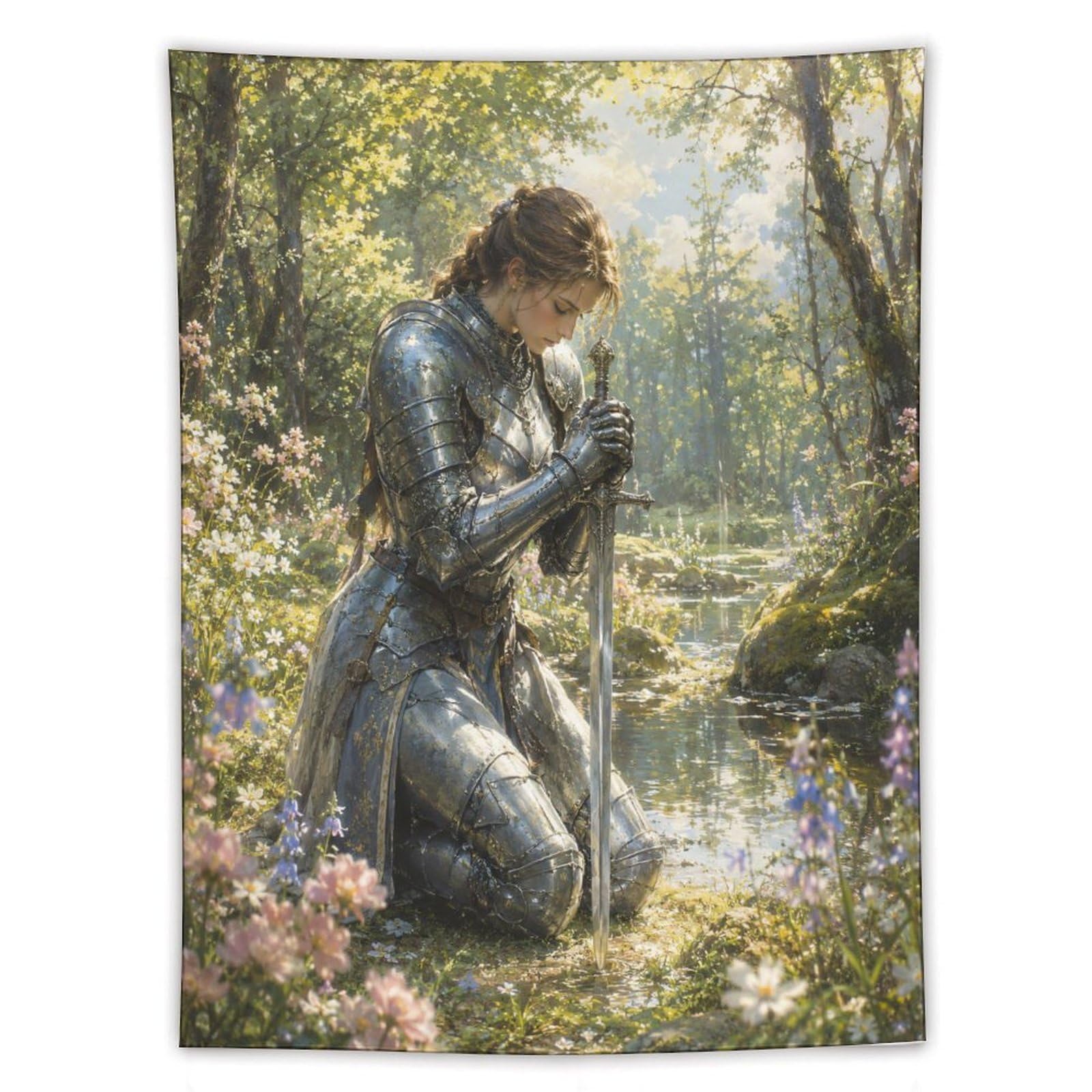 W7C8U2X3 Medieval Female Knight Floral Wall Tapestry, College Dorm
