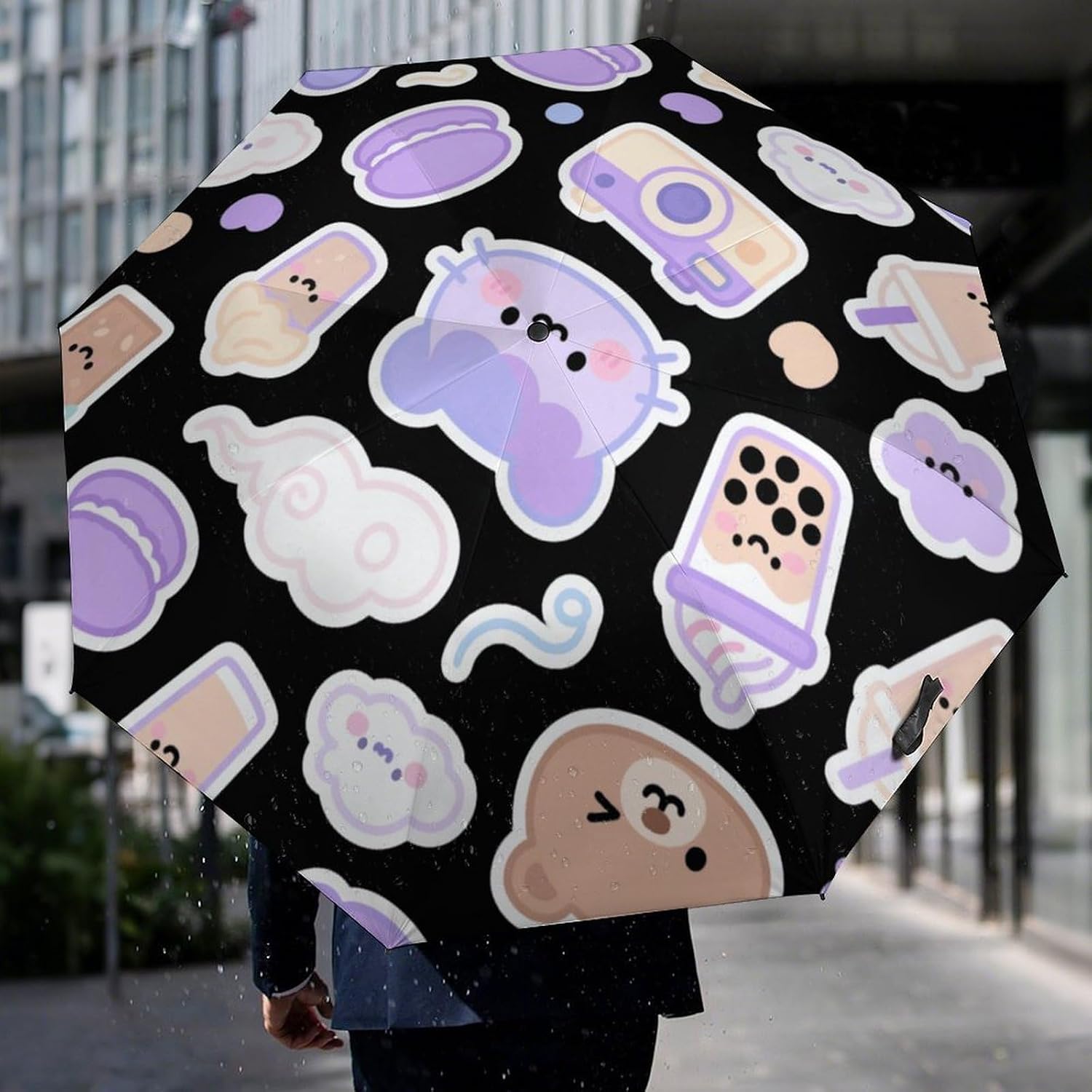 Black And Purple Milk Tea Automatic Golf Umbrella Folding Umbrella | Windproof Travel Umbrella Portable Compact Umbrella with Storage Pouch for Golf Backpack Men Women