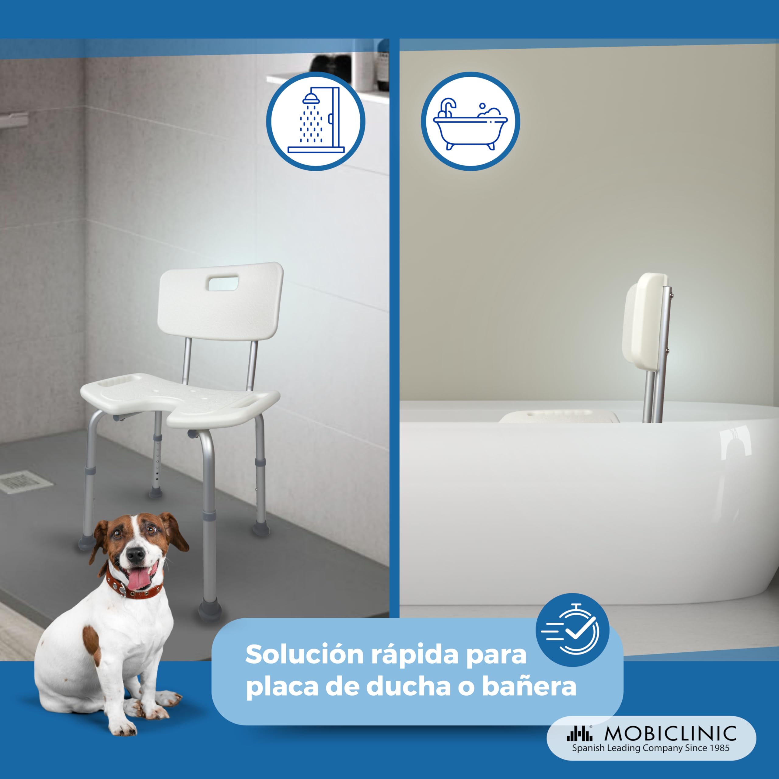 Mobiclinic, Silla de baño, Marisma, Taburete Ducha, Marca española, Asiento en u, Ortopédica, Altura Regulable, con Respaldo, Conteras Antideslizantes, para Personas Mayores, Movilidad Reducida