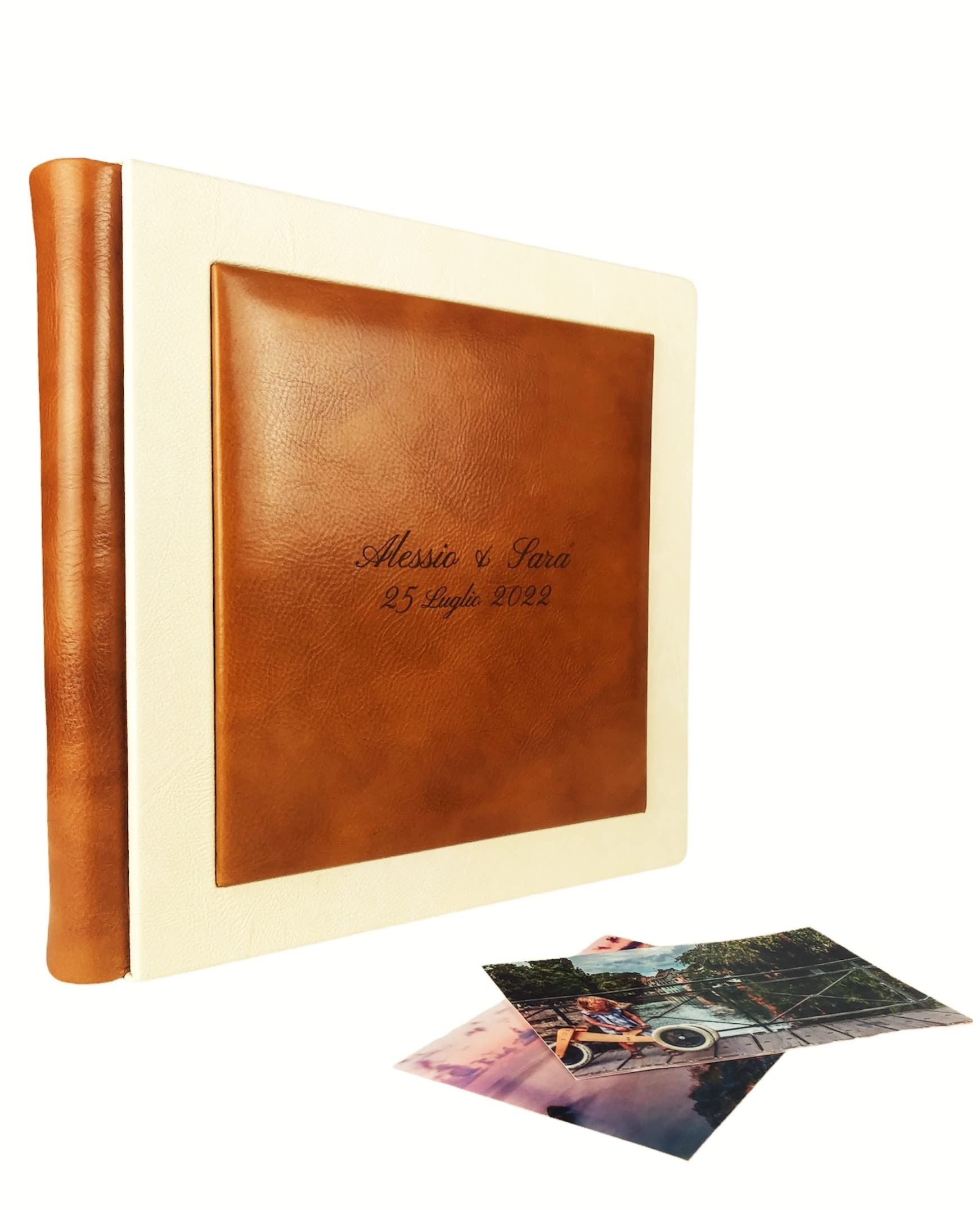 TriVin Art -Giove- Album Fotografico Artigianale, Realizzato in Vero Cuoio e Similpelle pregiato, Personalizzabile con Incisione. Ideale per Qualsiasi Evento (Beige Chiaro/Cuoio Miele)