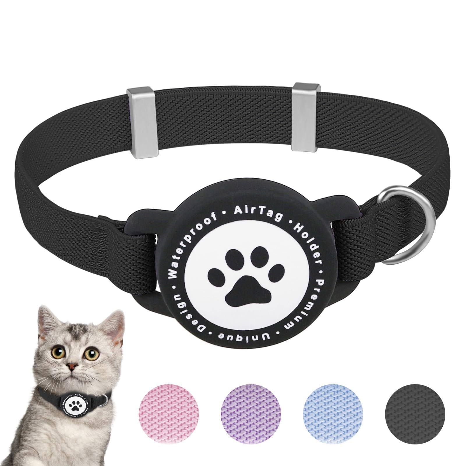 Collare Airtag Gatto, Cllare Elastico per Gattini con Supporto per Apple Airtag, Leggero e Confortevole, Collare Gatto Airtag con GPS ultra elasticizzato per Gatti, Gattini e Cuccioli (nero)