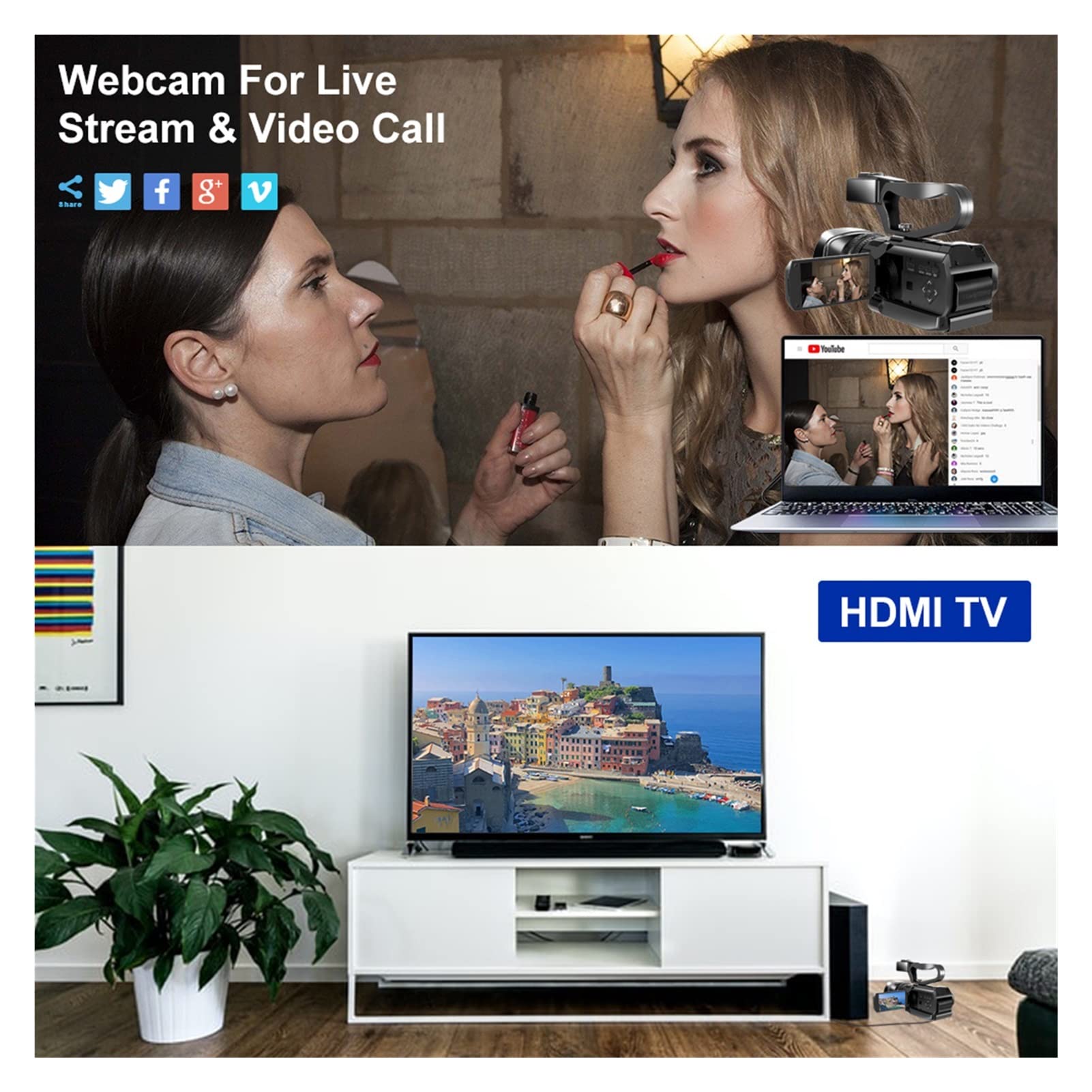 Appareils Photo Numériques, Caméscope de caméra vidéo 4K Wifi 4 8MP Caméras de vlogging for enregistrement Vlog Recordage 30x Zoom 3.0inch tactile Ivre Enregistreur de vision nocturne(128G SD Card,bla