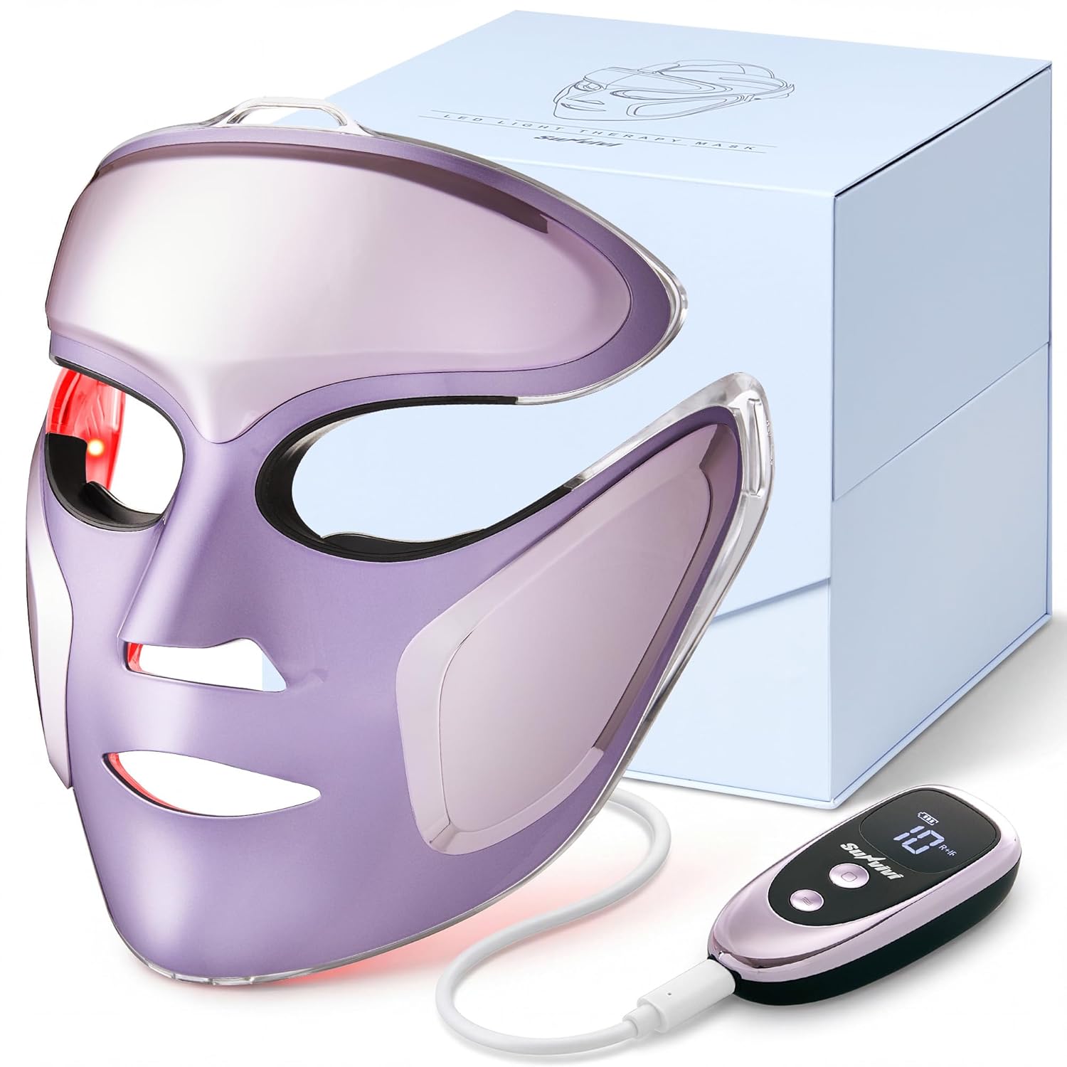 SUNVIVI LED Face Mask Red Light Therapy for Face, Blue Light Acne Care, 210 LED Facial Mask with Eye Heat, Electric Face Mask with Holding Stand for Home Skincare, Purple Beauty Device