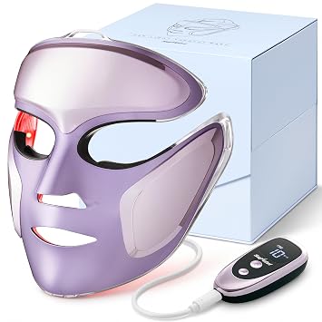 SUNVIVI LED Face Mask Red Light Therapy for Face, Blue Light Acne Care, 210 LED Facial Mask with Eye Heat, Electric Face Mask with Holding Stand for Home Skincare, Purple Beauty Device