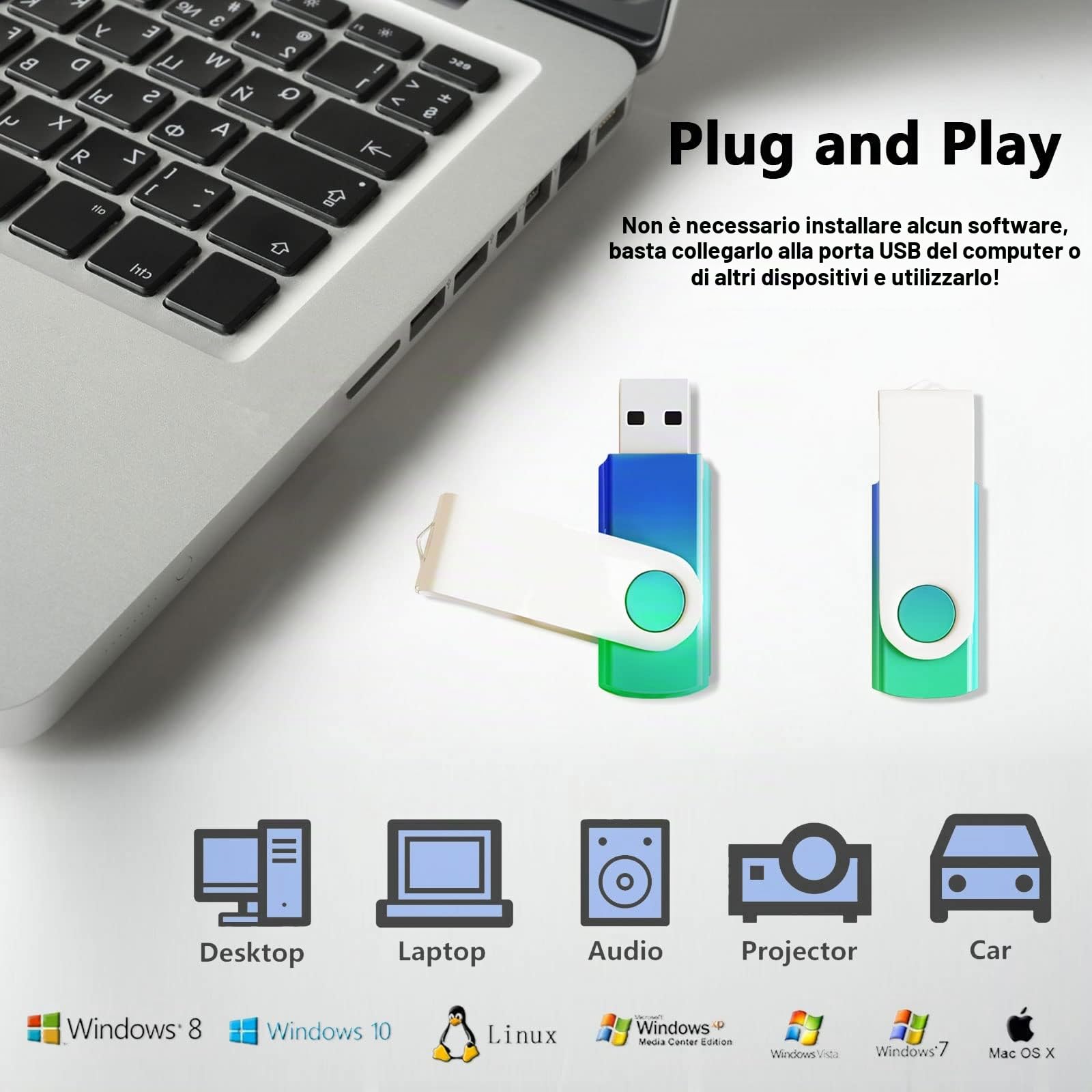 8GB 10 Pack USB Flash Drive Colore sfumato USB 2.0 Memory Stick all'ingrosso Girevole Design Thumb Drive per l'archiviazione dei dati