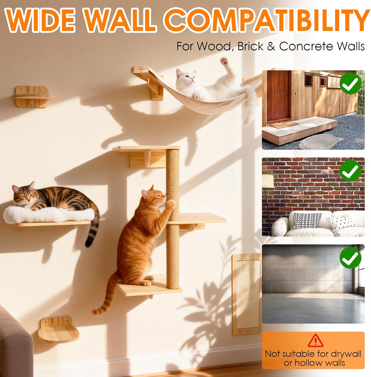 6in1 Cat Wall Shelves Climbing Systems, Large Cat Furniture Shelf Set Wall Hanging Mounted, Hammock Sisal Scratching Perch Bed 2 Steps Tower Tree for Indoor House Corner Ladder