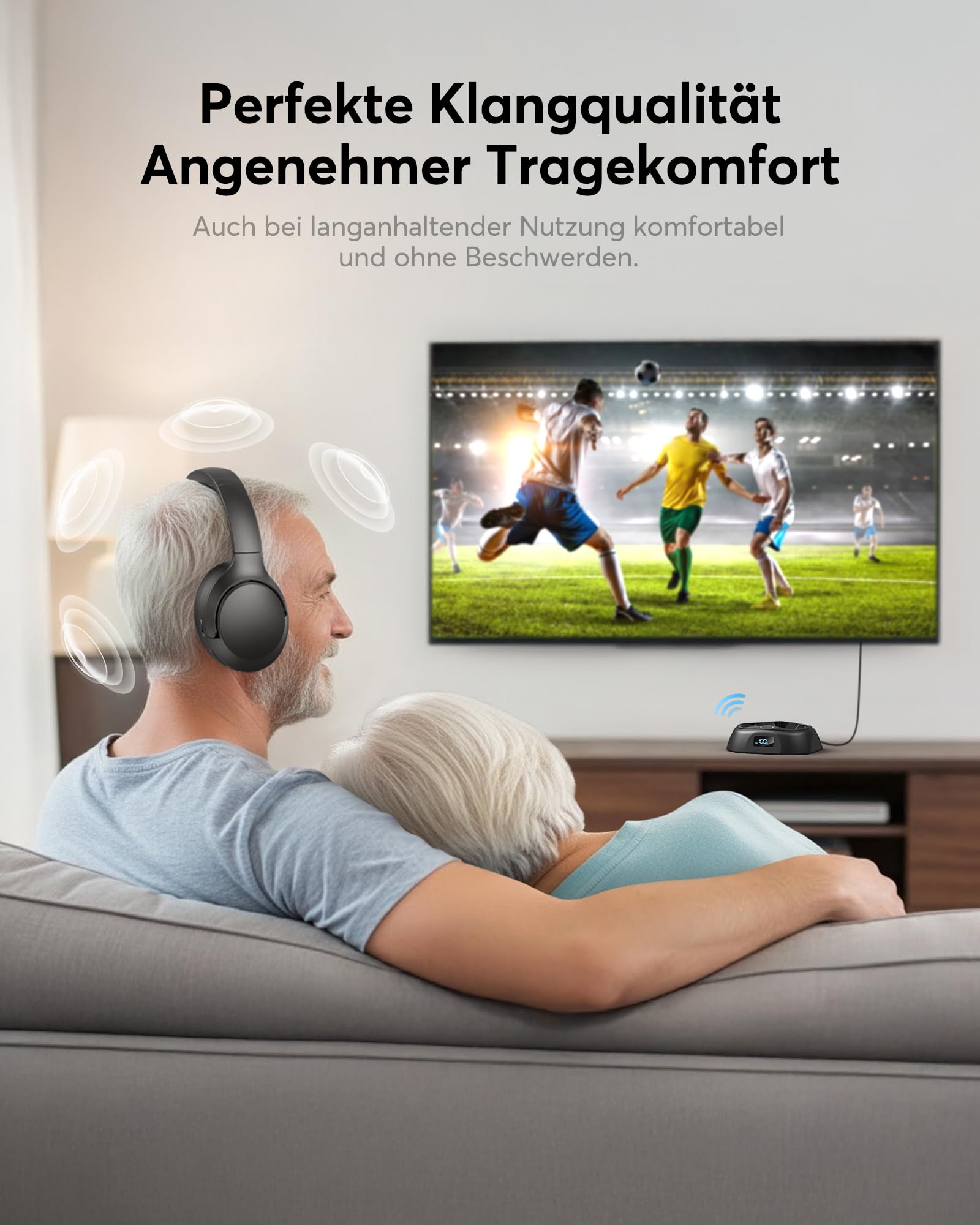 Doohoeek Kabellose TV Kopfhörer Bluetooth 6.0, Over-Ear Funkkopfhörer mit Ladestation&Digital Display, Plug&Play, 60H Akku Laufzeit, Klappbar Headset für Fernseher(Optisch, AUX, RCA Kompatibel)