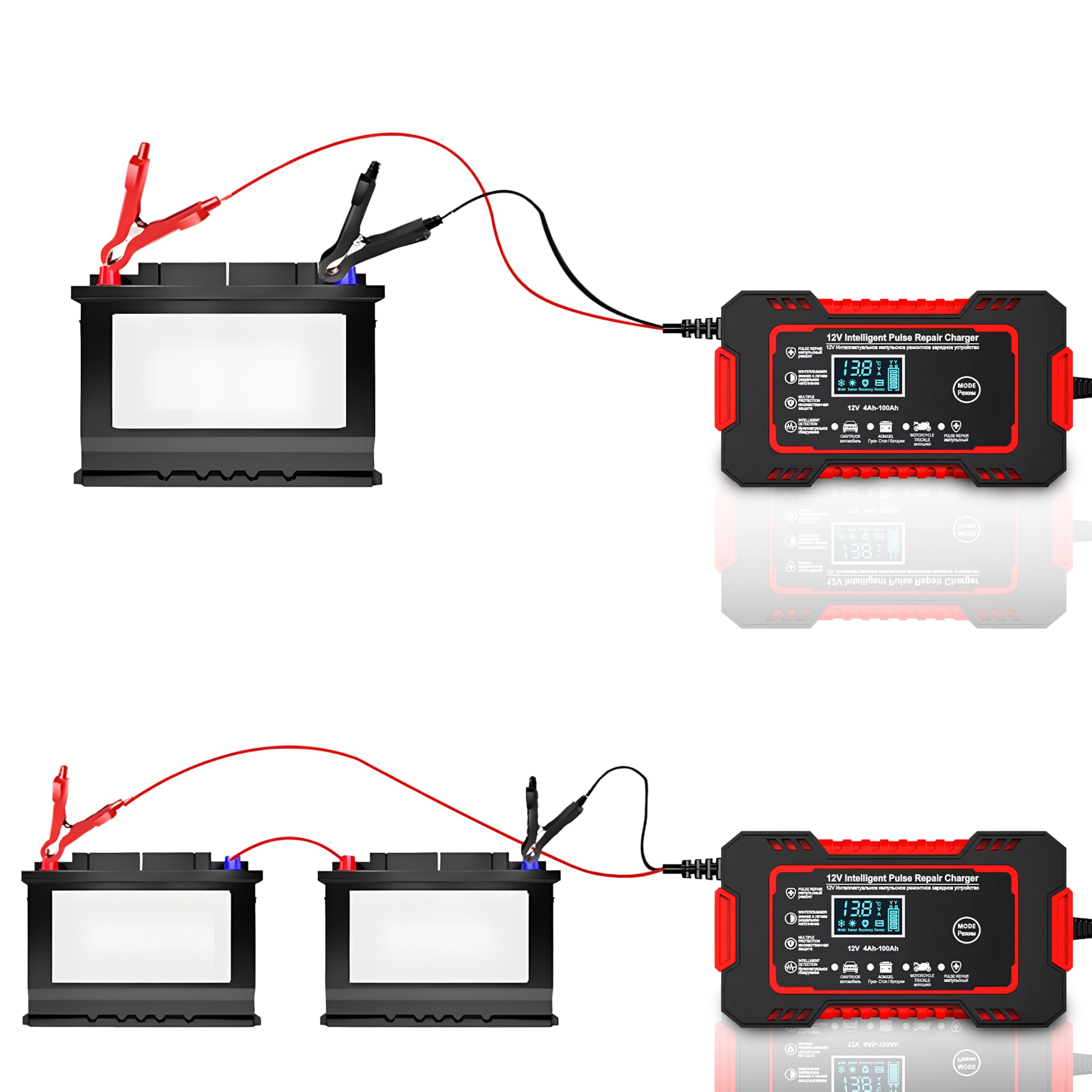 Retoo Automatyczna prostownica samochodowa 12 V/24 V 6A, LCD Smart Charger z funkcją naprawy, zintegrowany wentylator, 7 trybów ładowania, ochrona akumulatora