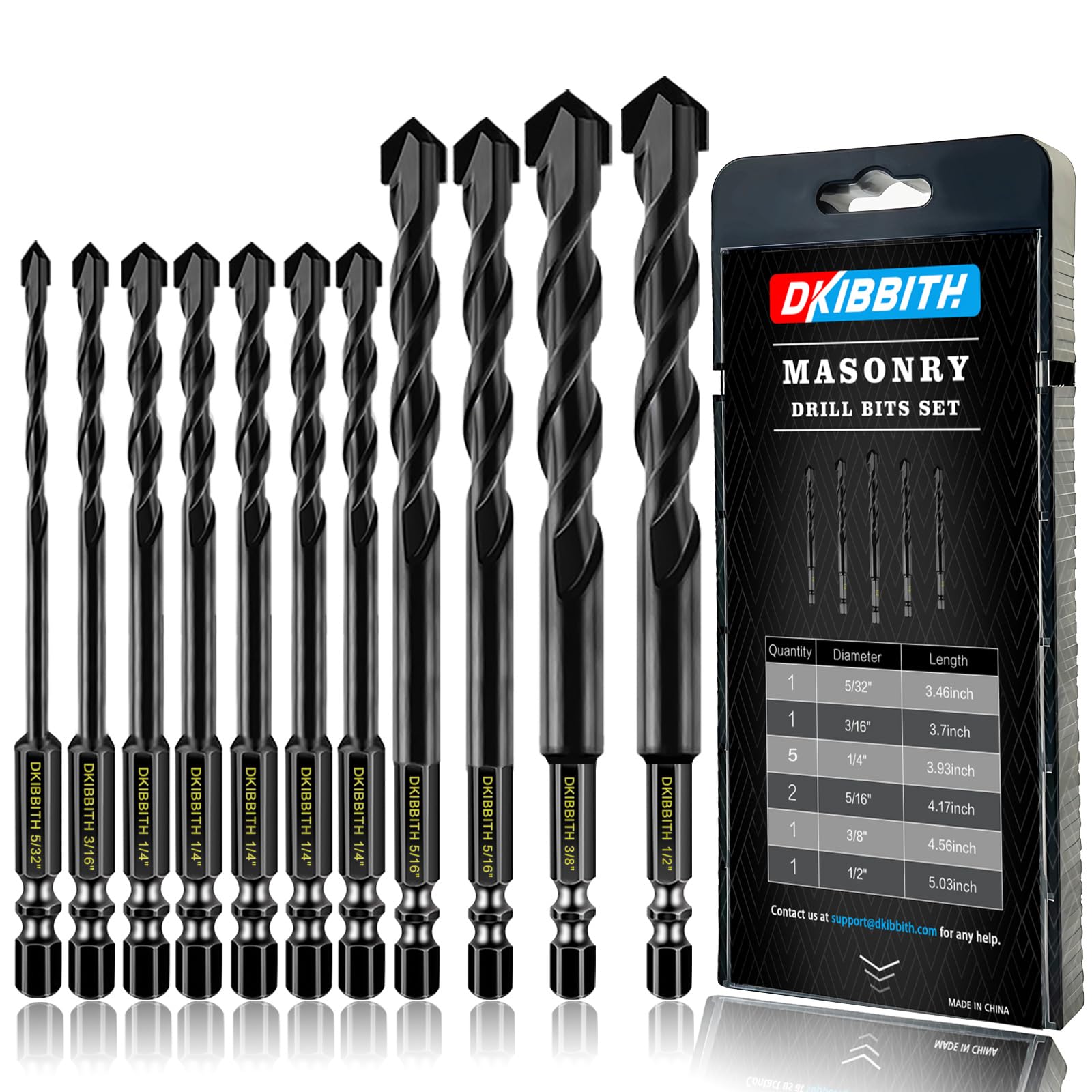 11-pc Masonry Drill Bits Carbide Concrete Drill Bit Set for Stone Tile Brick Ceramic Glass Metal Sheet Plastic and Wood, Quick Change 1/4" Hex Shank, Size 5/32” 3/16" 1/4" 5/16" 3/8" 1/2" with Case