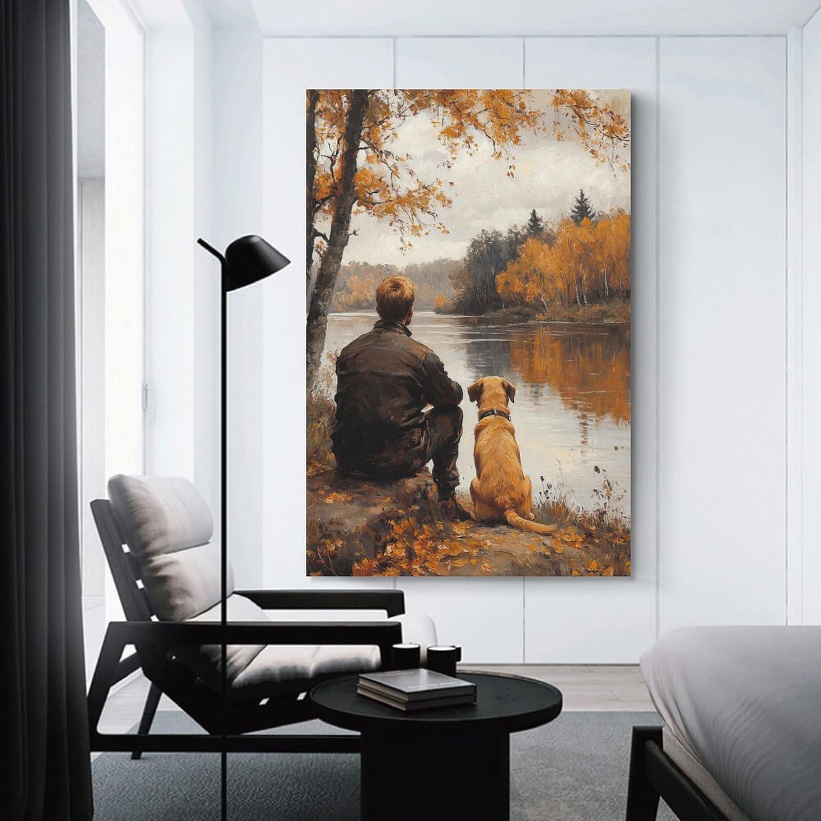 Junmoney Unframe-Style-2 Man And Dog By The River Wall Picture Print, 20X30inch(50X75cm), For New Homes, Bedrooms Or Workspaces, Thoughtful Wall Decor For Art Lovers