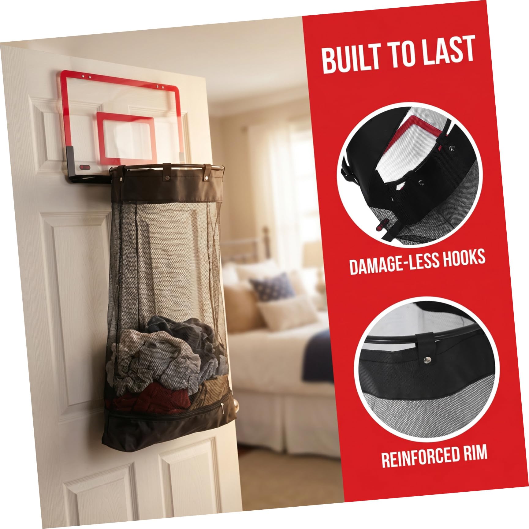 OSALADI Basketball Wäschekorb mit Türhaken und Reißverschluss, Rot, 106 Cm