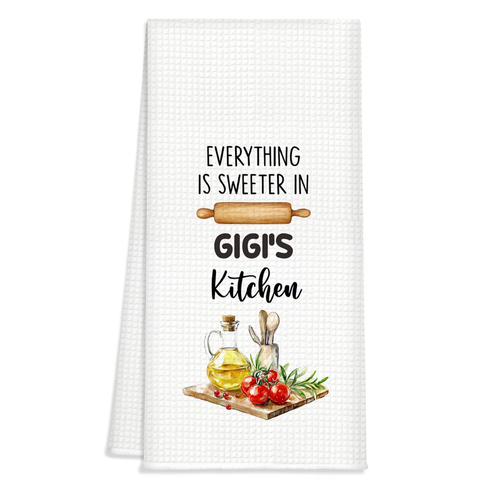 BASGIATH WAR COLLEGE Gigi’s Kitchen Towels, Waffle Hand Towel with Sweet Kitchen Quote and Cooking Print, Farmhouse Tea Towels, Absorbent Dish Toel,