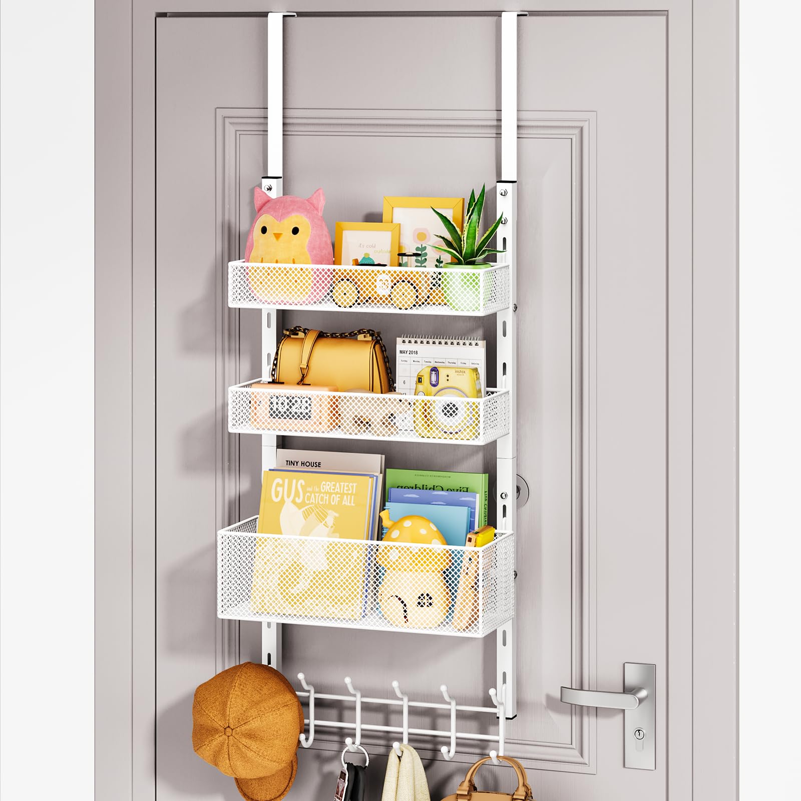 HapiRm Over Door Hanger with Coat Hooks and 3 Baskets, Rustproof Over The Door Hooks, Door Hangers for Clothes,Hats and Towels