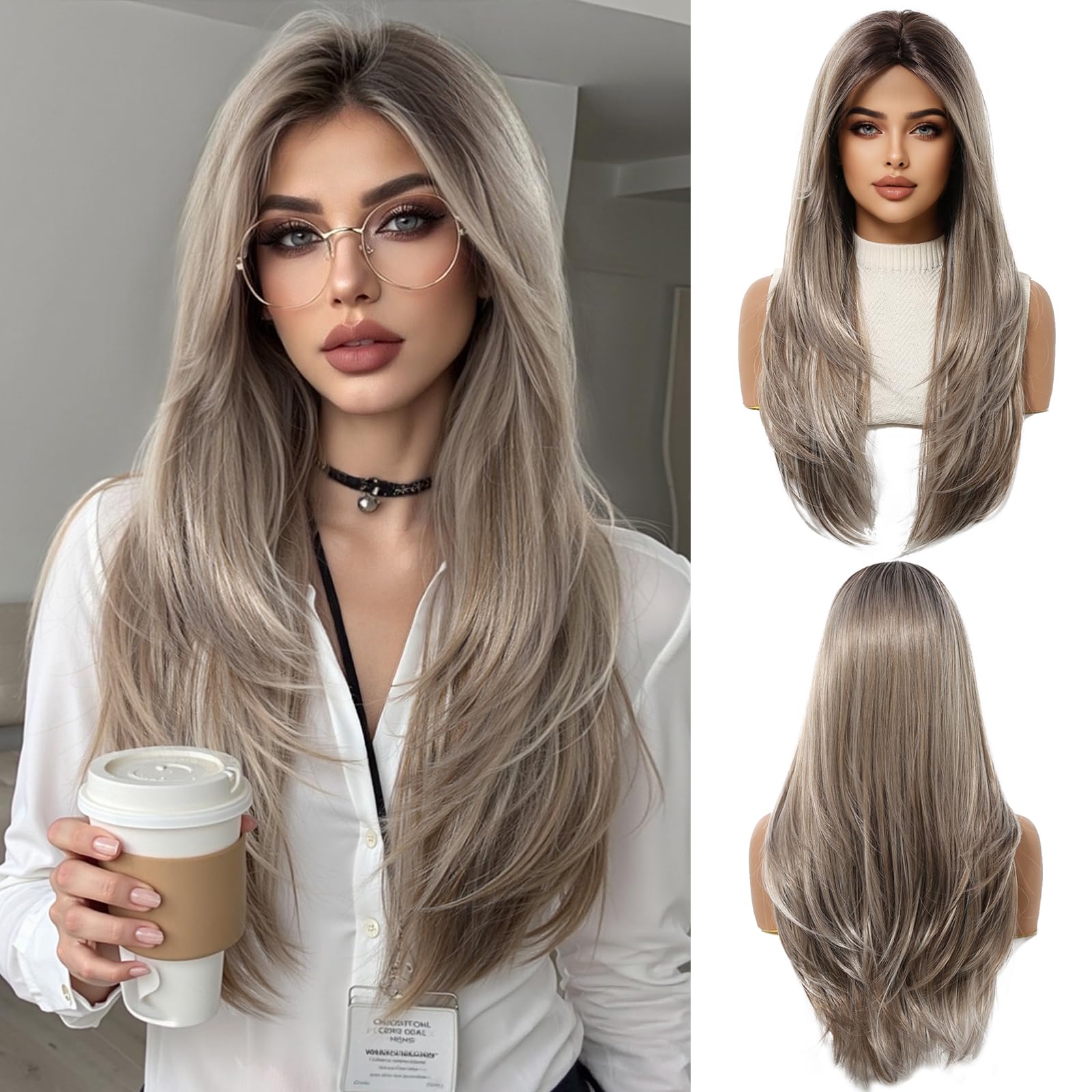OUFEI Ash Blonde Wigs for Women with Fringe Long Natural Straight Synthetic Hair Heat Resistant Wigs for Daily Party Cosplay Wear