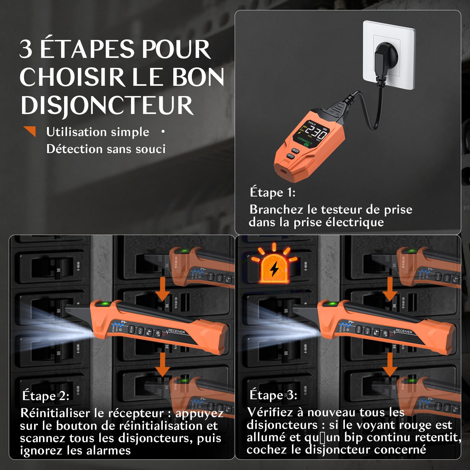 Localisateur de Disjoncteur avec Écran LCD, Testeur de Prise GFCI, Outil de Traçage de Circuits Électriques avec Détection NCV et Lampe Torch–Alimentation par Batterie Lithium(230V)