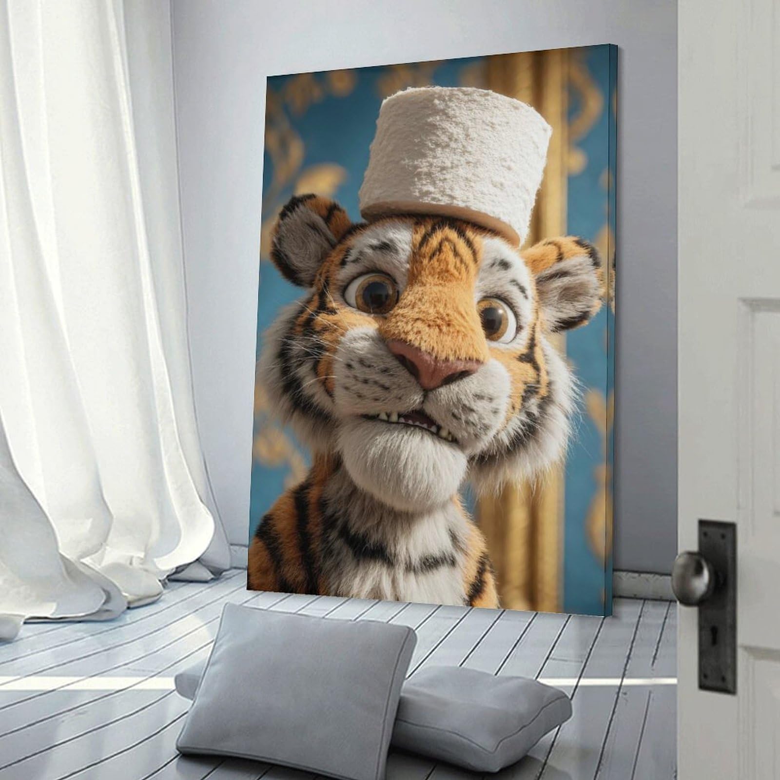 Junmoney Tiger with Toilet Paper Hat Wall Picture Print, 24x36inch(60x90cm), for Flats, Guest Rooms Or Compact Rooms, Decorative Canvas Decor for Home Updates
