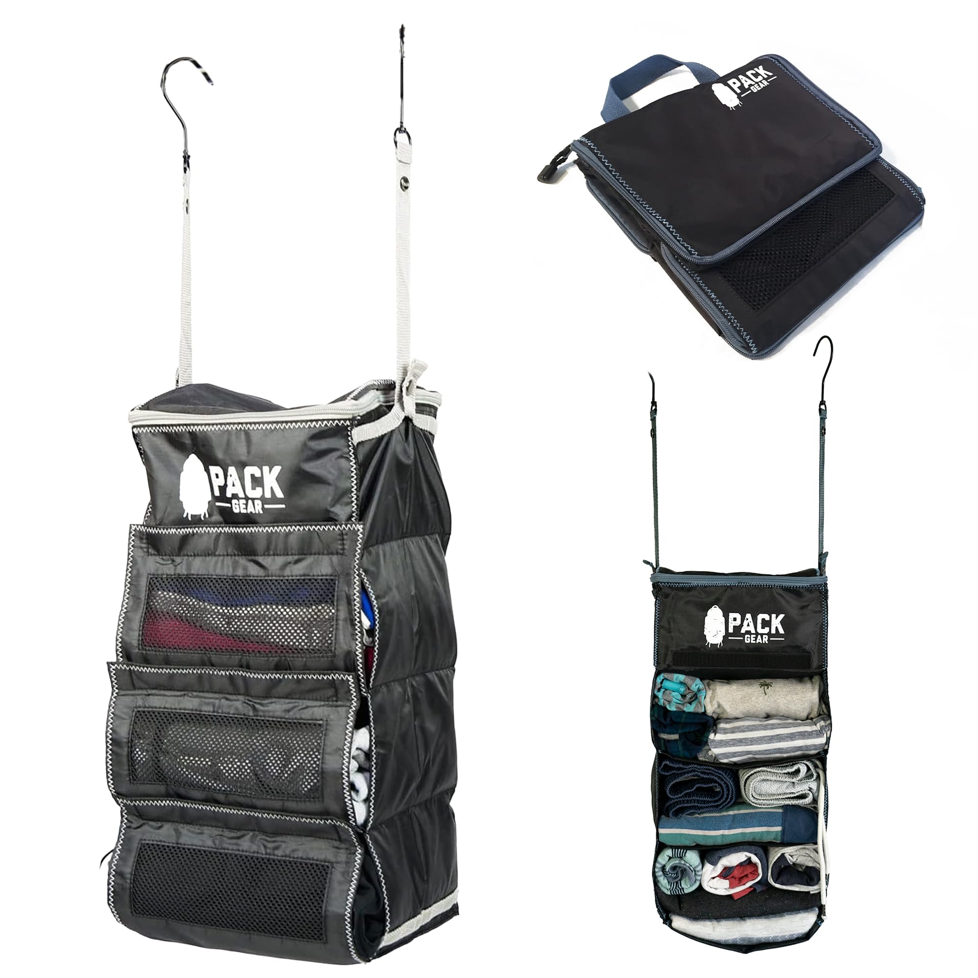 Pack Gear Suitcase Organizer | Pack More in your Large or Carry On Luggage | Unpack Instantly with these Compression Packing Cubes for Suitcases | Hanging Shelf Organizer for Closet (Black) (Carry-On)