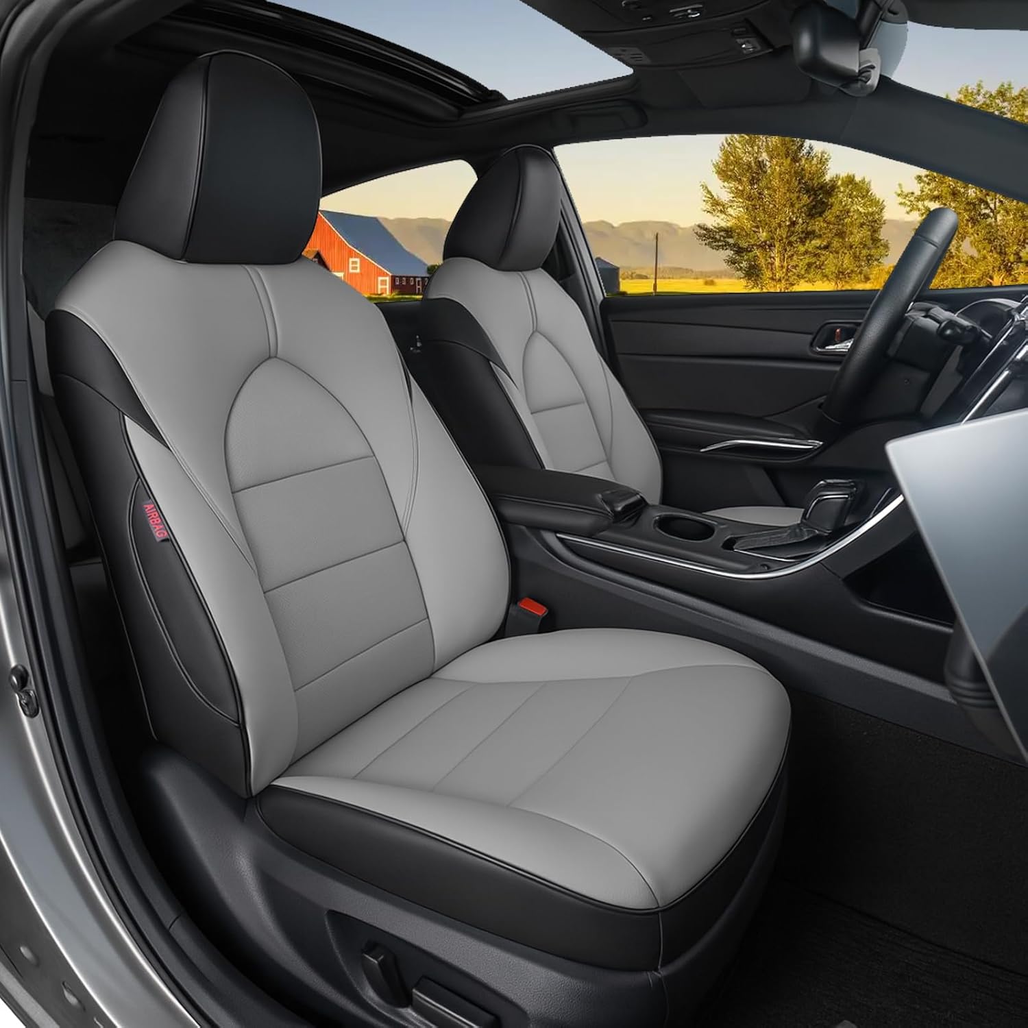 HKZ Camry Seat Covers for Toyota Camry Hybrid LE,Hybrid SE 2018 2019 2020 2021 2022 2023 2024,Leather Car Seat Cover -Custom Fit 5-Seats Full Set,Black+Grey