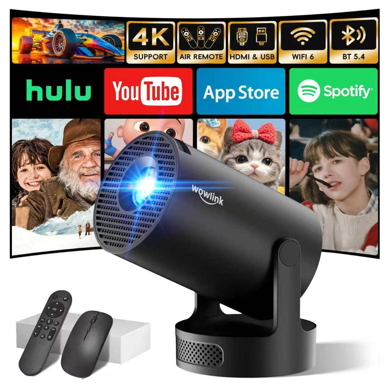 Mini Beamer 4K Full HD 1080P 2026 Neueste Eingebaute Apps 1080P FHD WiFi 6 BT 5.4 Auto Screen Keystone Korrektur Smart Projektor Tragbar Auto Horizontal Trapezoid Correction, Ultrakurzfokus, Schwarz