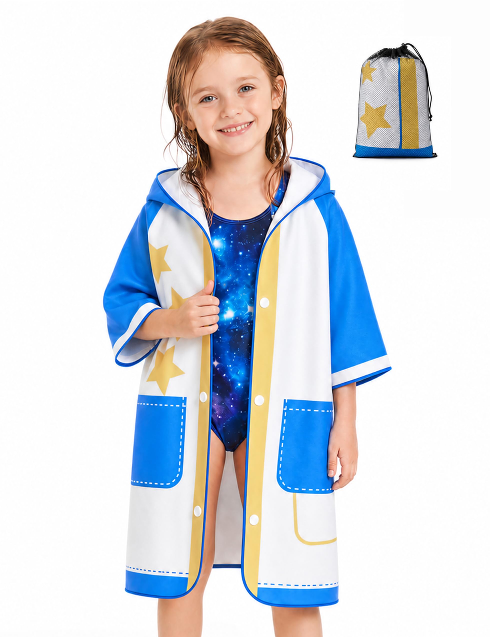 Gogokids Kids Swim Cover Up, Lightweight Microfiber Changing Poncho with Carry Bag, Beach Pool Coverup for Travel Swimming Pool Beach,7-10 Years,Blue Star