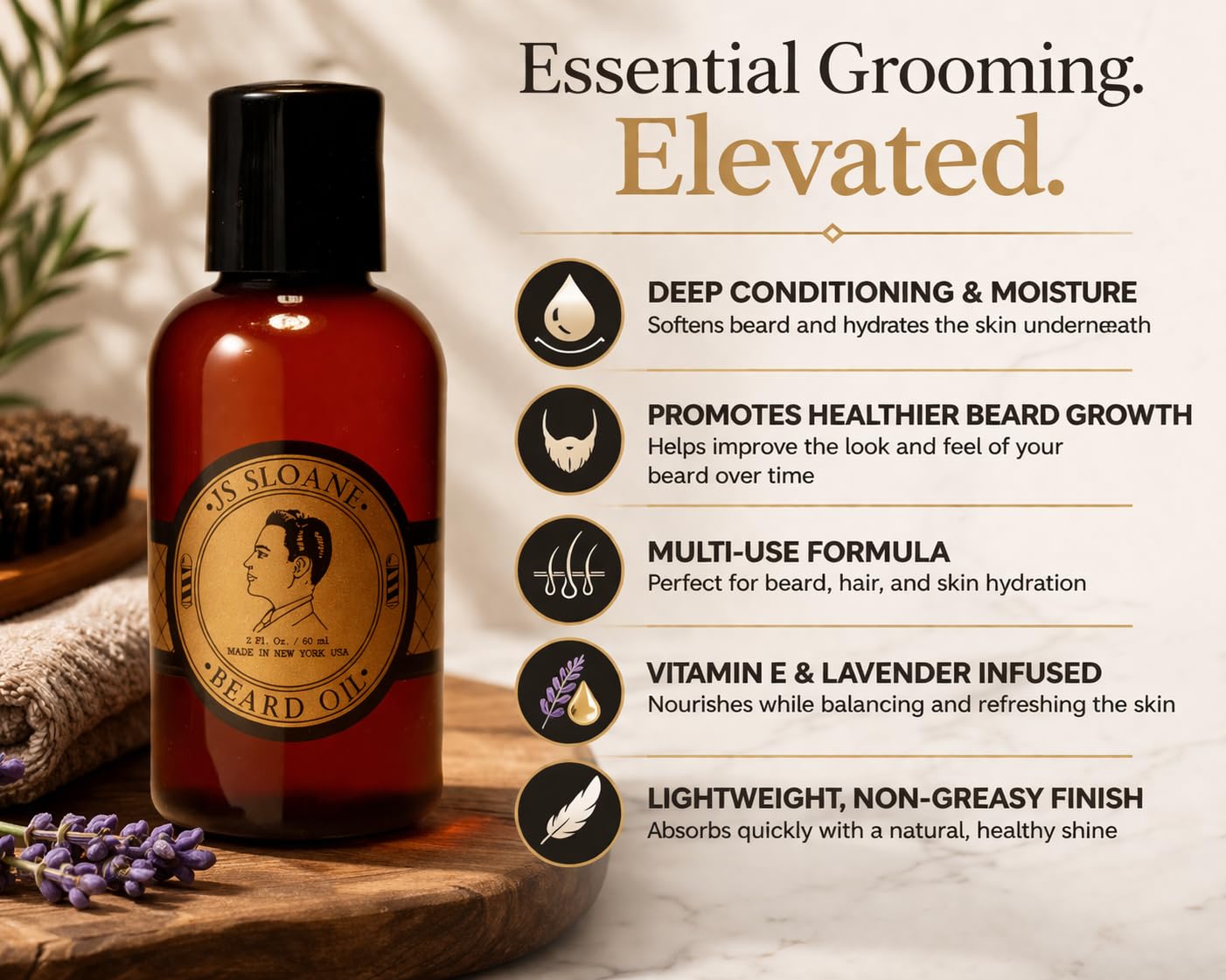 JS Sloane Beard Oil for Men – Conditioning & Moisturizing Beard Oil, Promotes Healthy Growth, Softens & Adds Shine, Vitamin E & Lavender Formula, 2 oz