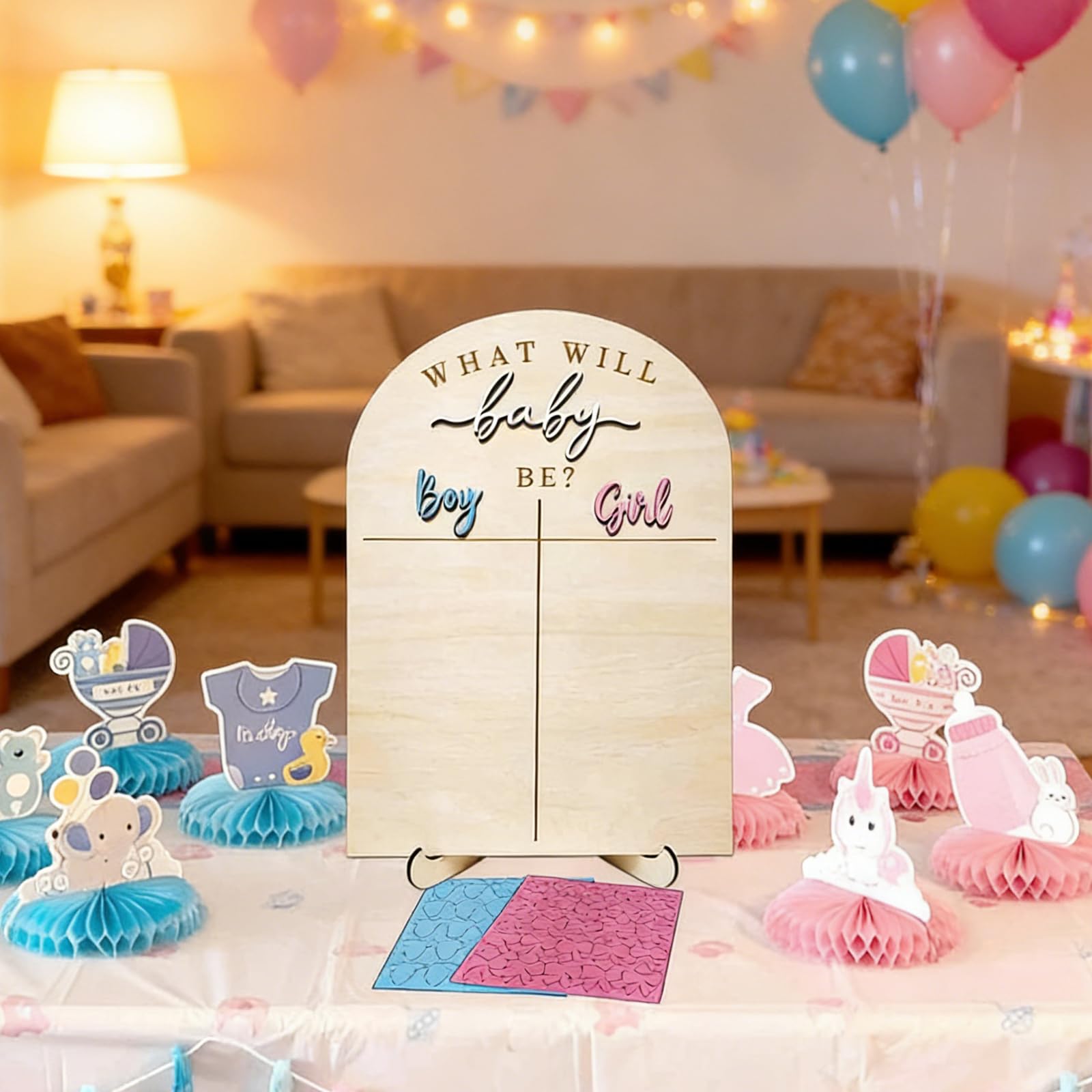 Set da gioco "Genders Reveal", lavagna con adesivi di votazione, decorazioni in legno per baby gender reveal, set di accessori per feste