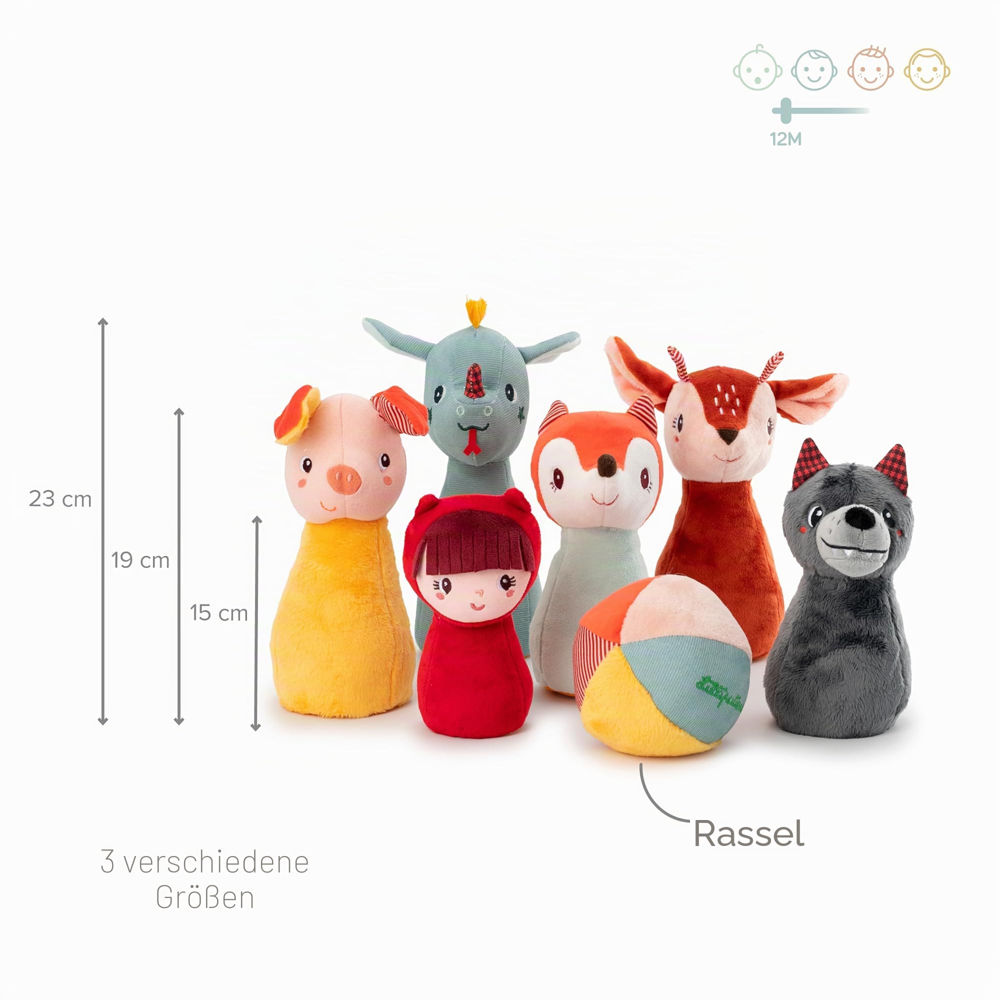 Lilliputiens - Kegelspiel für Babys aus Stoff - 6 lustige Kegel und Klangball - Bowling-Set für Kinder - Ideal zur Förderung der Motorik von Kleinkindern - Ab 18 Monaten - 83465