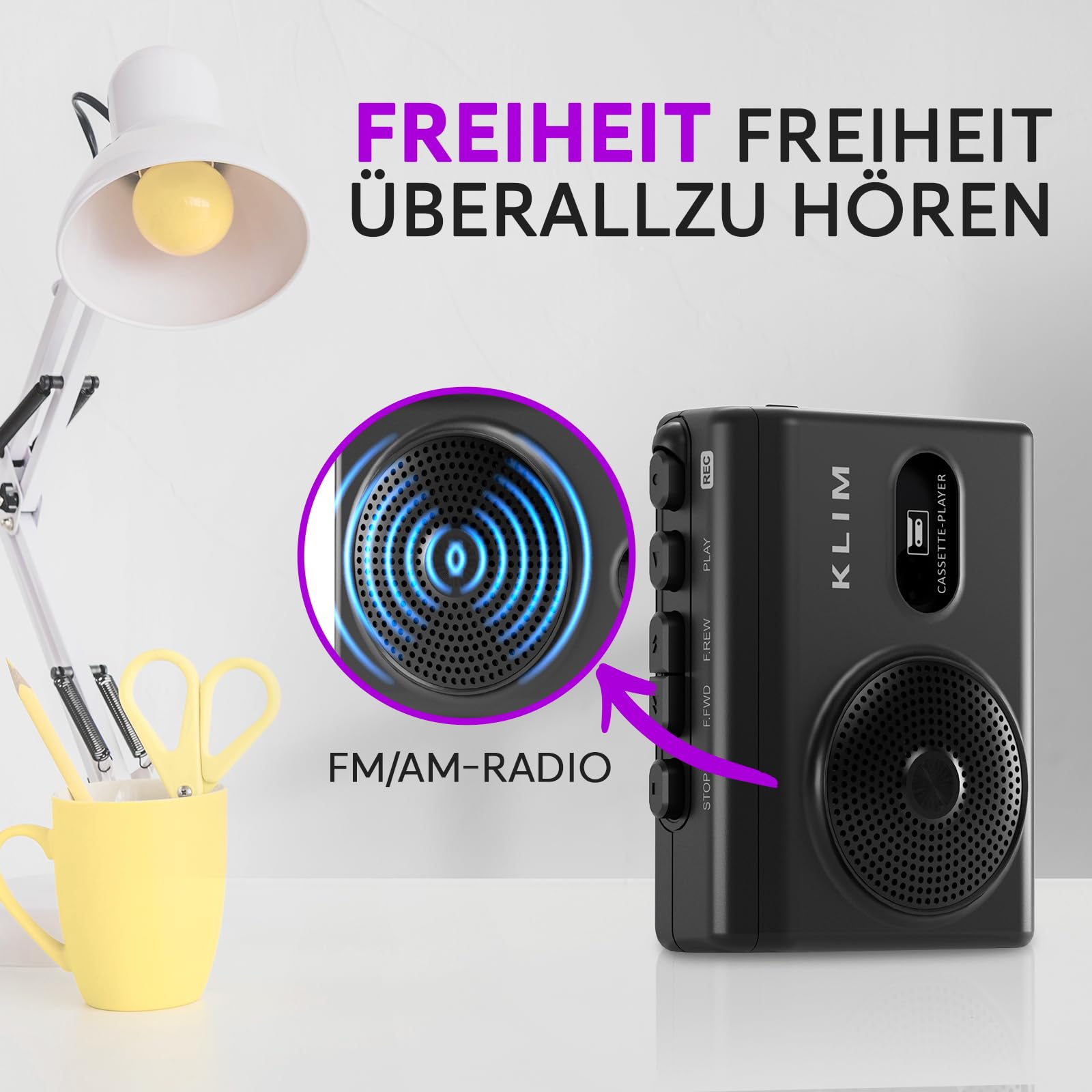 KLIM K9 Kassettenspieler – Tragbarer Cassette Player & Kassettenrecorder mit Lautsprecher, Mikrofon & Kopfhöreranschluss, Batteriebetrieben, Inkl. Kopfhörer