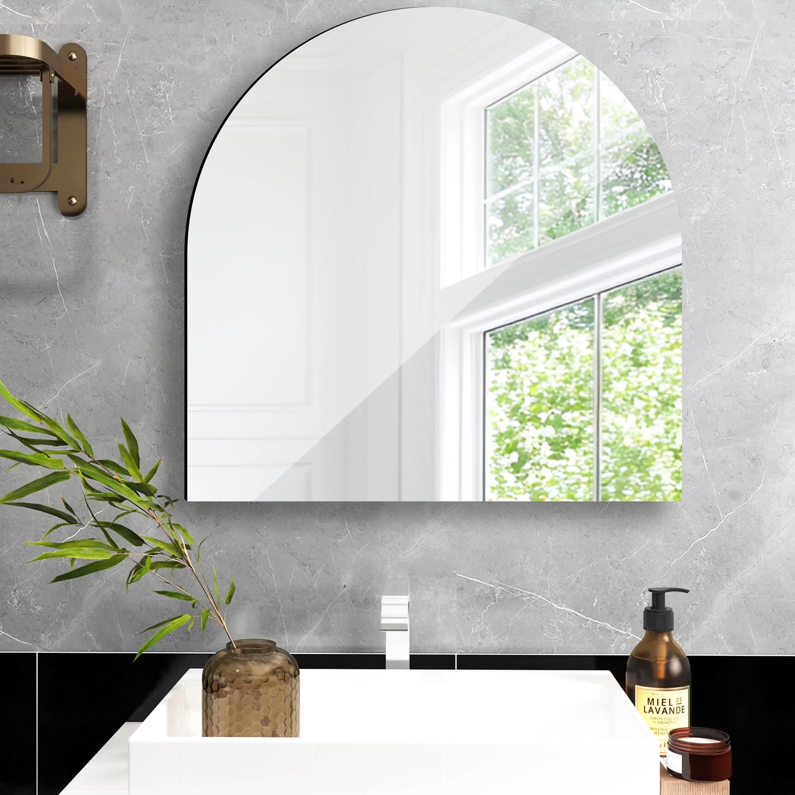 DRERIO 50 cm Wandspiegel Bogen HD Selbstklebender Glasspiegel, Großer gewölbter Glas-Make-up-Spiegel Rahmenloser halbkreisförmiger Selbstklebender Fliesenspiegel, für Badezimmer, Wohnzimmer