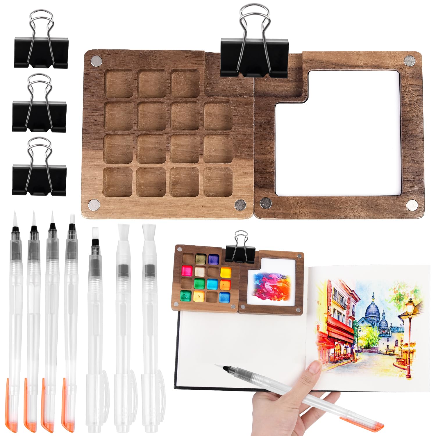 13PCS Mini Portable Watercolor Palette Set Includes Wooden Grid Paint Box Travel Paint Palette Watercolor Sketchbook Watercolor Brush Pen Set for Painters Artists Students(15 Grids)