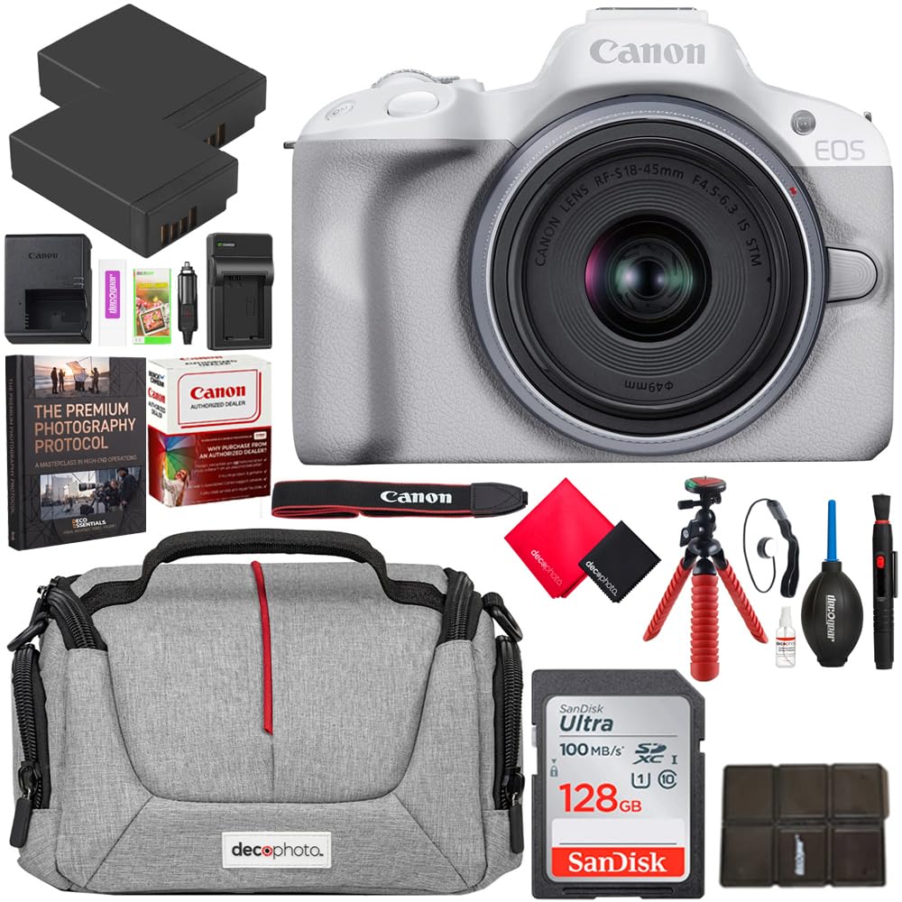Canon EOS R50 Mirrorless Camera (White) w/RF-S 18-45mm F4.5-6.3 is STM Lens 5812C012 Bundle w/Deco Gear Photography Bag + 2X Battery + 2X 64GB Memory Cards + Photography Pro eBook + Accessories Kit