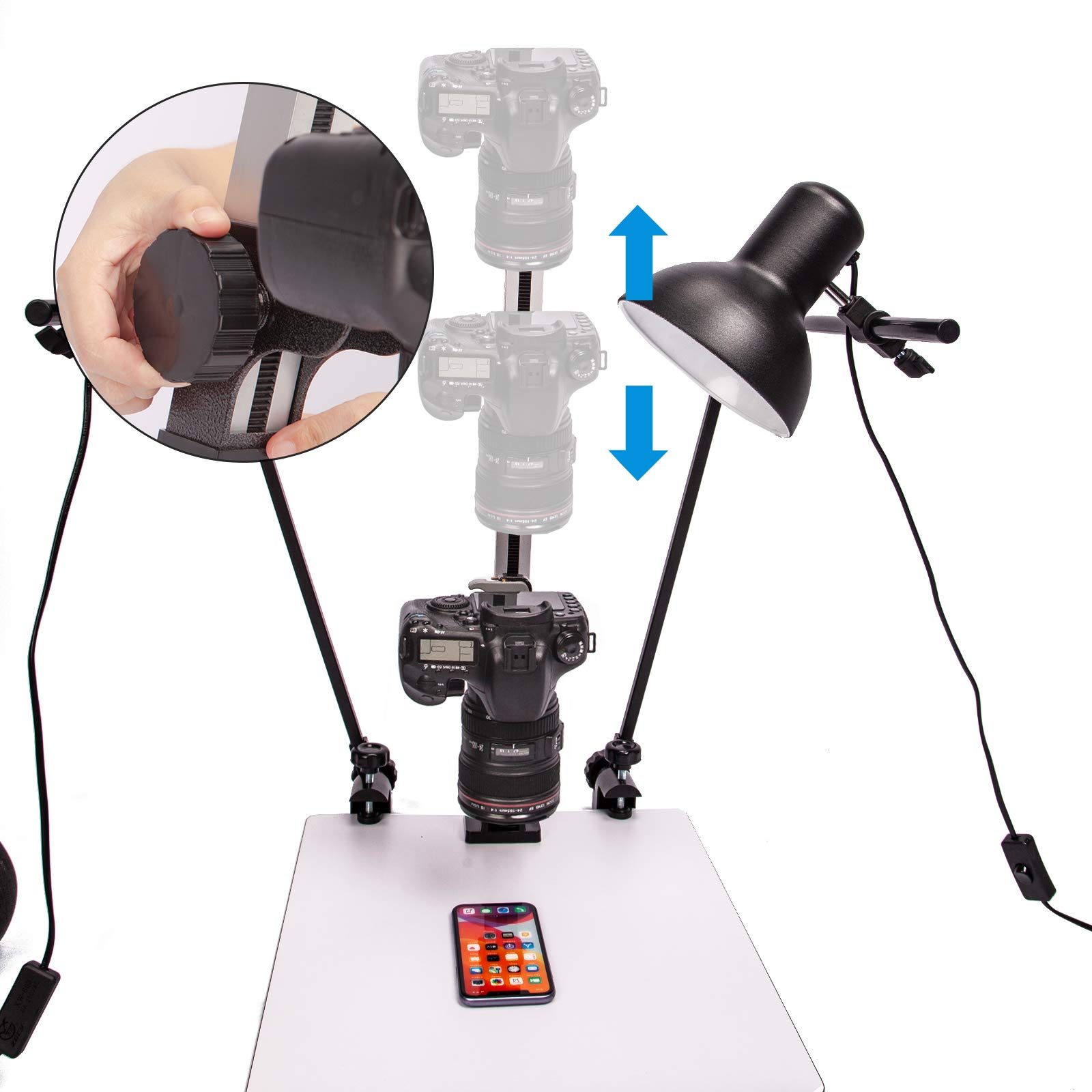 Photo Copy Stand Support de Copie avec 2xAmpoule E27 45W et Plaque de Déverrouillage Rapide pour DSLR Caméra Macro Shoot Vidéo, Reproduction Support Stand, Copy Light, Daylight Kit