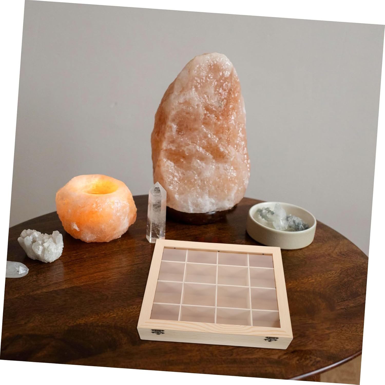 KICHOUSE Rock Collection Display Box with Transparent Lid Compartment Wooden Organizer for Minerals and Crystal Specimens Elegant Storage for Collectors