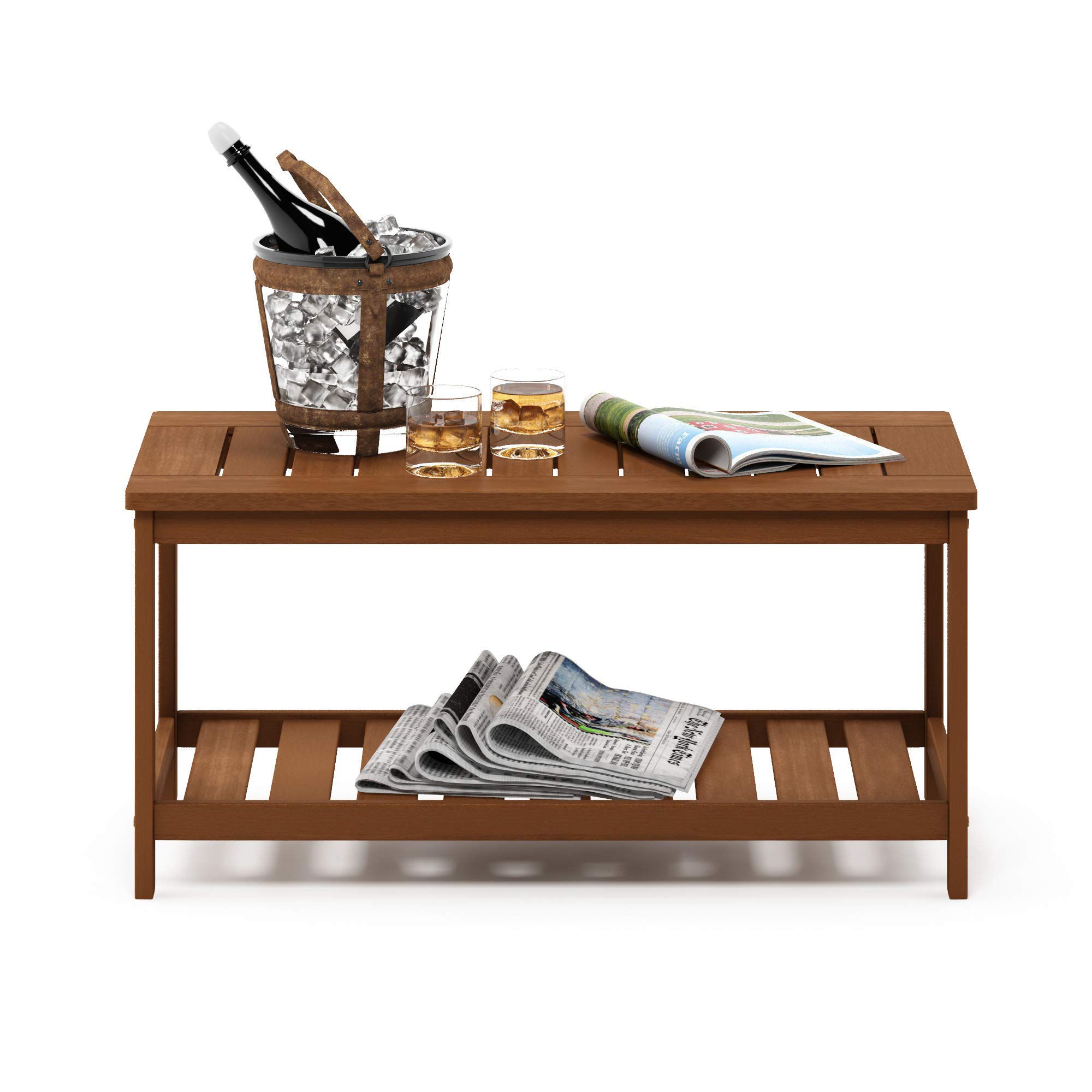 Furinno TIOMAN Patio Table, Outdoor Side Table, Coffee Table with Shelf in Teak Oil, for Patio, Garden, Porch, Natural