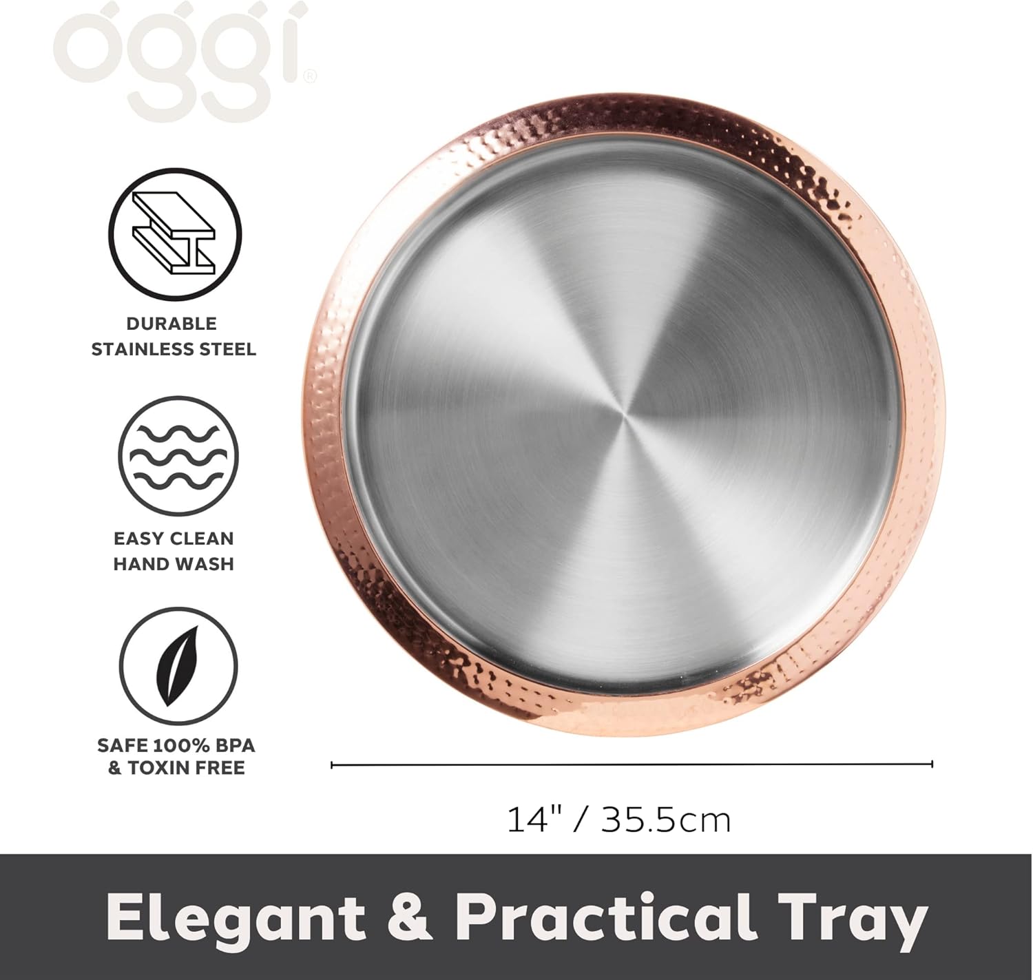 OGGI Round Stainless Steel Tray with Copper Rim 14" - Ideal for Coffee Table, Decorative, Tea and Bar Serving