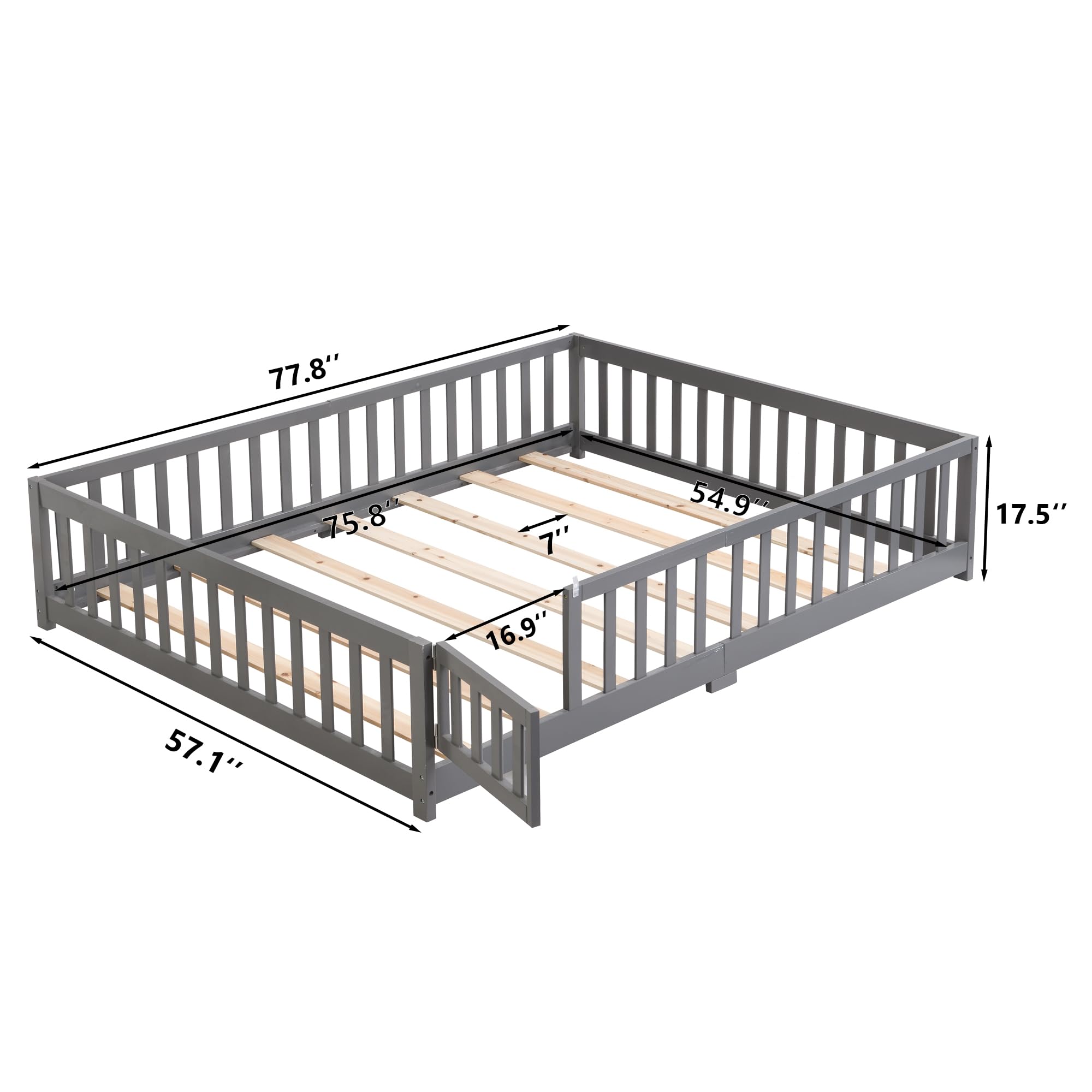 Ball & Cast Full Size Montessori Floor Bed W/Safety Fence,Wooden Playhouse Bed Frame for Kids,Platform Bedframe W/Open Door,for Bedroom,Playroom,Easy Assembly & No Box Spring Needed,Gray