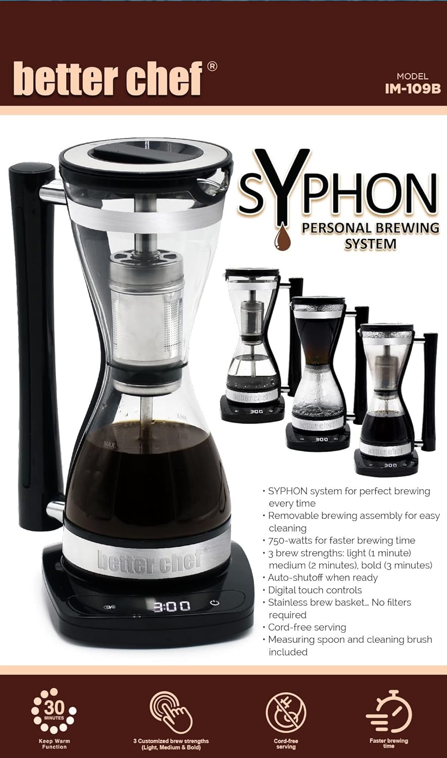 Better Chef Electric Siphon Coffee Maker | 8 oz Single Serve Brewer | 3 Brew Strength Settings | Stainless Steel Permanent Filter | 30 Minute Keep Warm | Better Than Pour Over Coffee