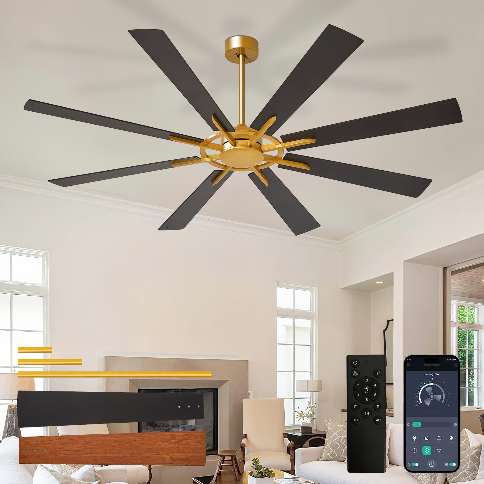 Depuley Ceiling Fan Without Light: 66 Inch Big Indoor Outdoor Fan with Remote APP Control - Bronze Walnut Large Ceiling Fan no Light 8 Blade Reversible Quiet DC Motor Memory Function Timer