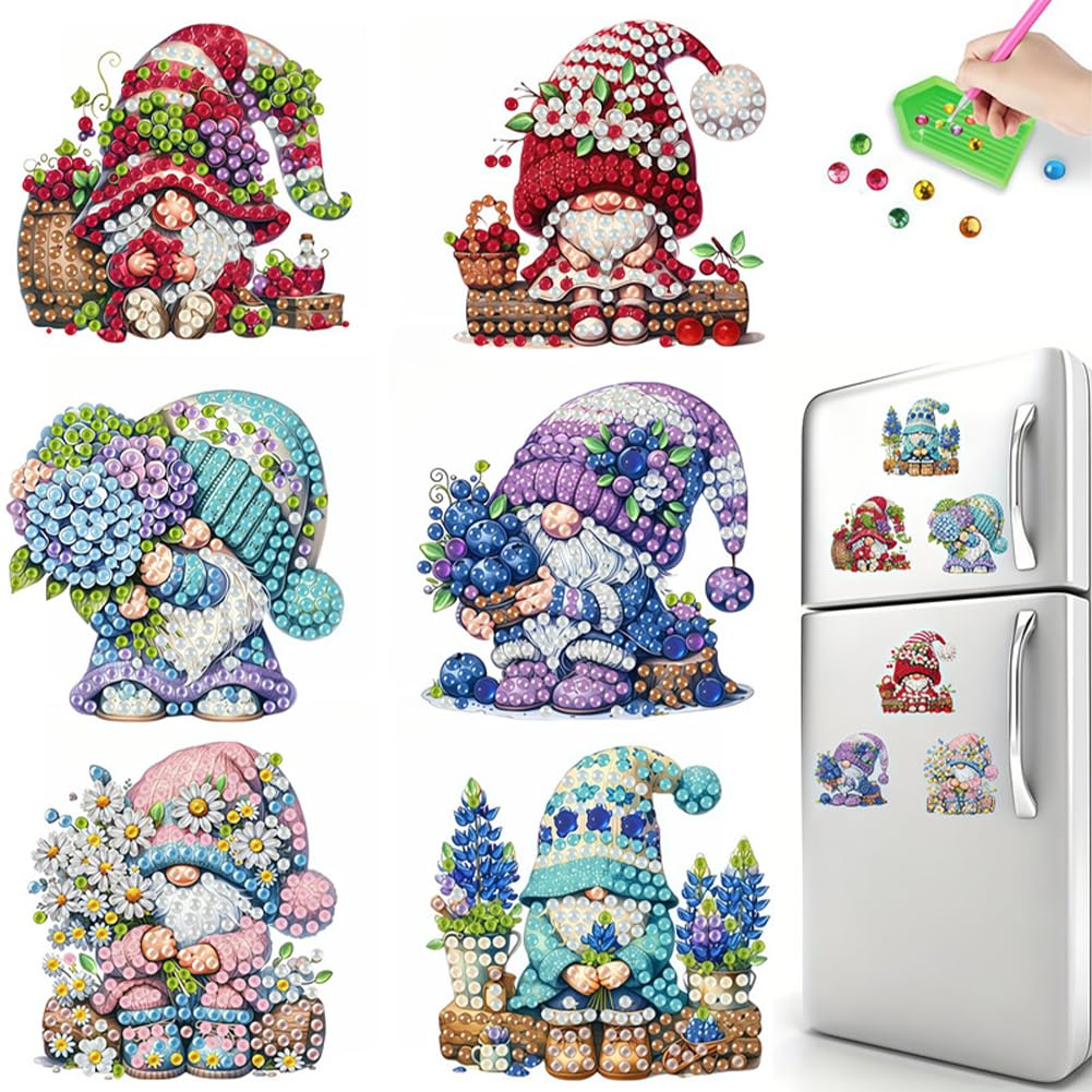 6PCS Gnome DIY Diamond Painting Refrigerator Magnet Kit Mini Diamond Refrigerator Stickers Art Magnet Fridge Stickers Easy DIY Crafts for Beginner Ages 6-12 Decor Gift