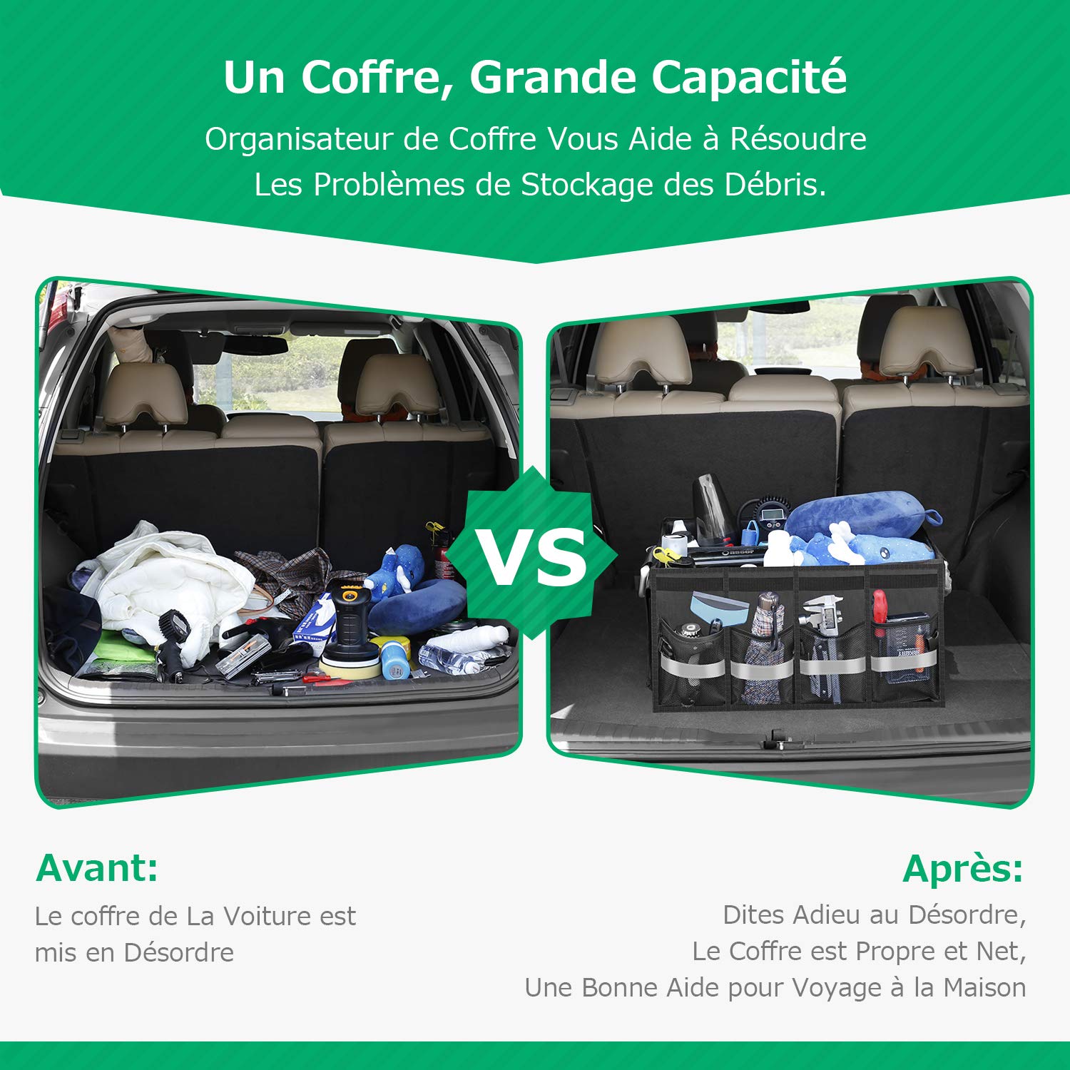 Oasser - Organizador para maletero de coche (65 L, en 1680D, soporte 50 kg, impermeable, multicompartimiento plegable, con tapa plegable y banda reflectante, para SUV y camiones
