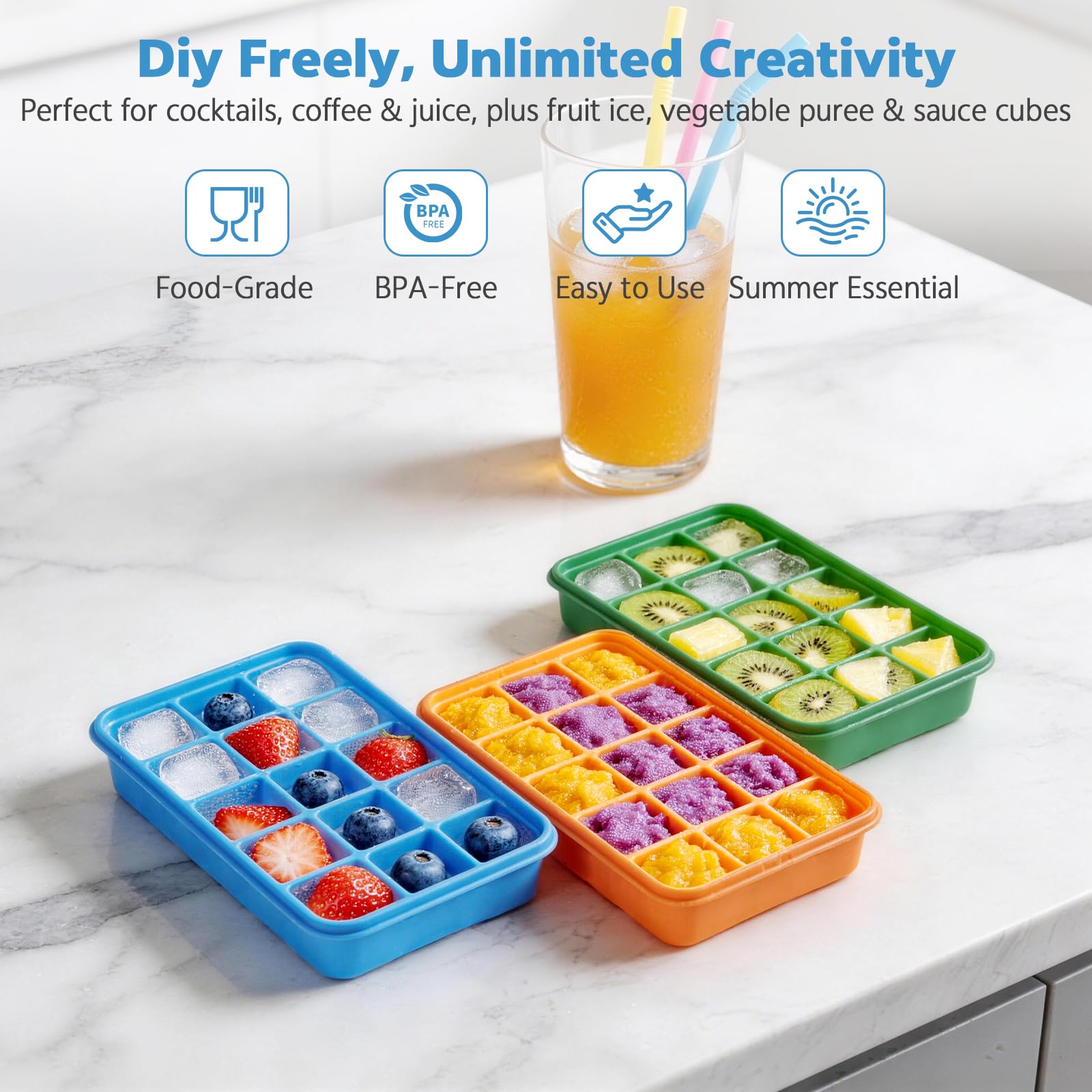 3 Pezzi Stampi per Ghiaccio in Silicone, 15 Cubetti Ghiaccio con Coperchio, Senza BPA e Impilabile, per Whisky, Cocktail, Cioccolato, Puree di Frutta, Facili da Rimuovere