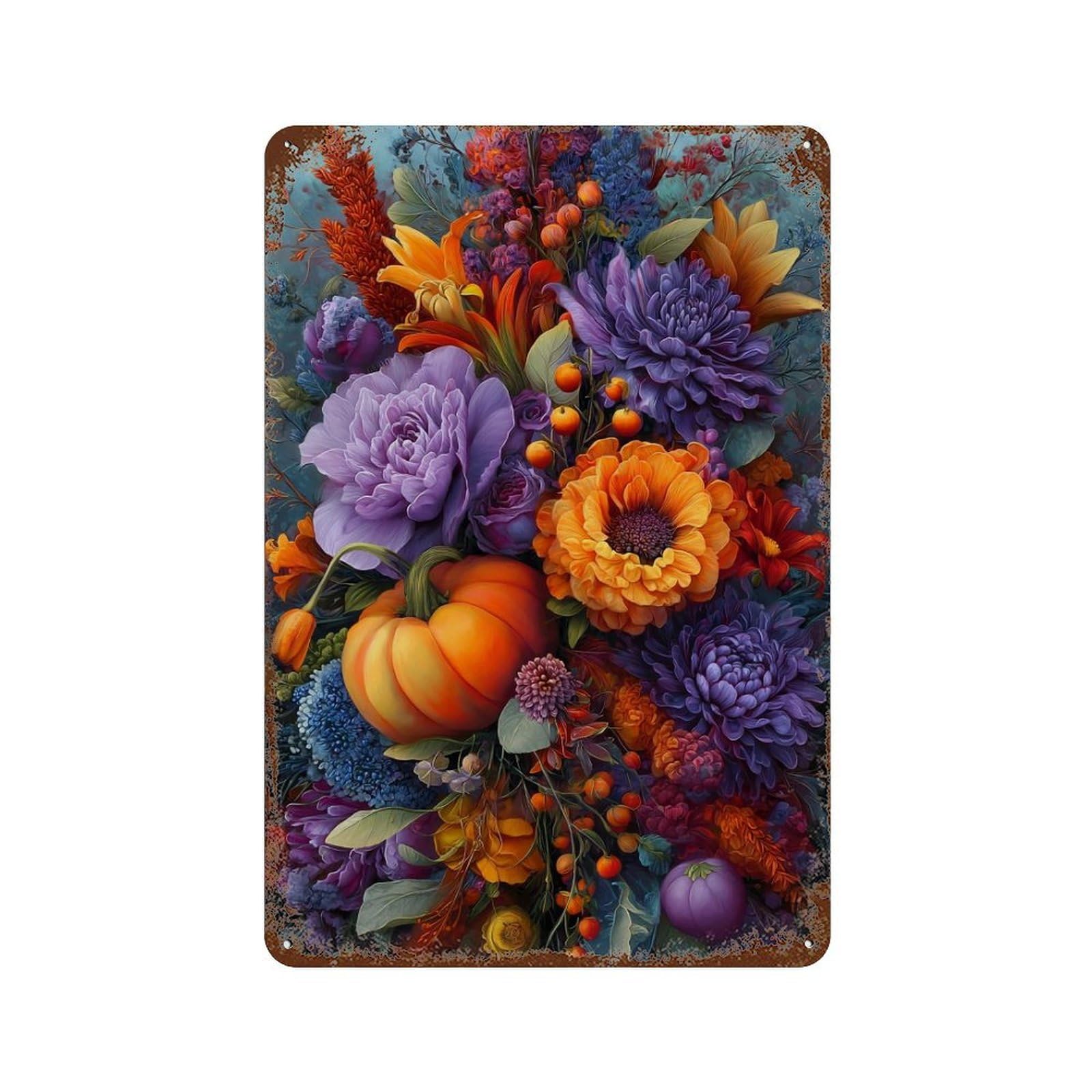 Aged Metal Wall Plaque with Autumn Harvest Bouquet Design 11.8"x7.9", for Farmhouse, Kitchen And Entryway Decor, Old School Wall Decor