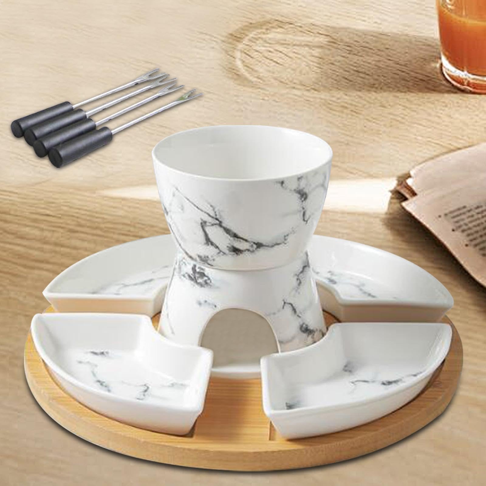 Ailan Schmelz und Schokoladenfondue Set mit Teelicht und 4 Käsegabeln. | Keramik Butterwärmer/Schmelz und Schokoladenfondue Schüssel