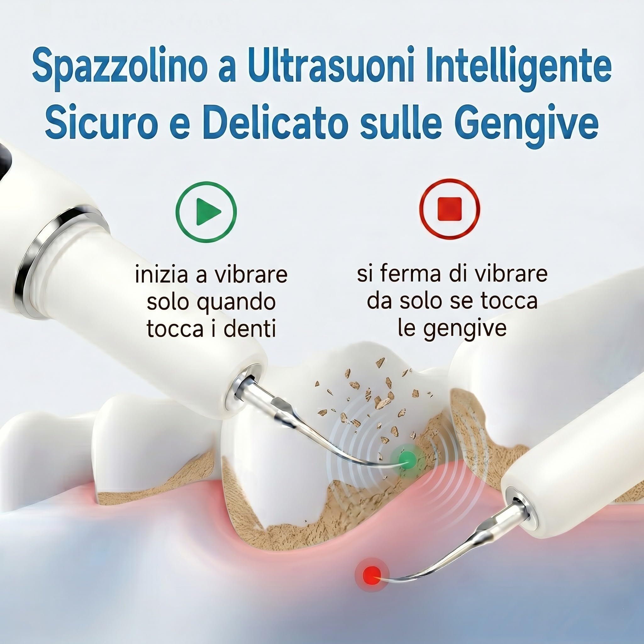 Kit Pulizia Denti Tartaro，Spazzolino Elettrico Ultrasuoni Intelligente con 5 Modalità Per Rimozione Placca e Macchie con 5 testine intercambiabili e Luci LED per Pulizia Tartaro Uso Quotidiano a Casa