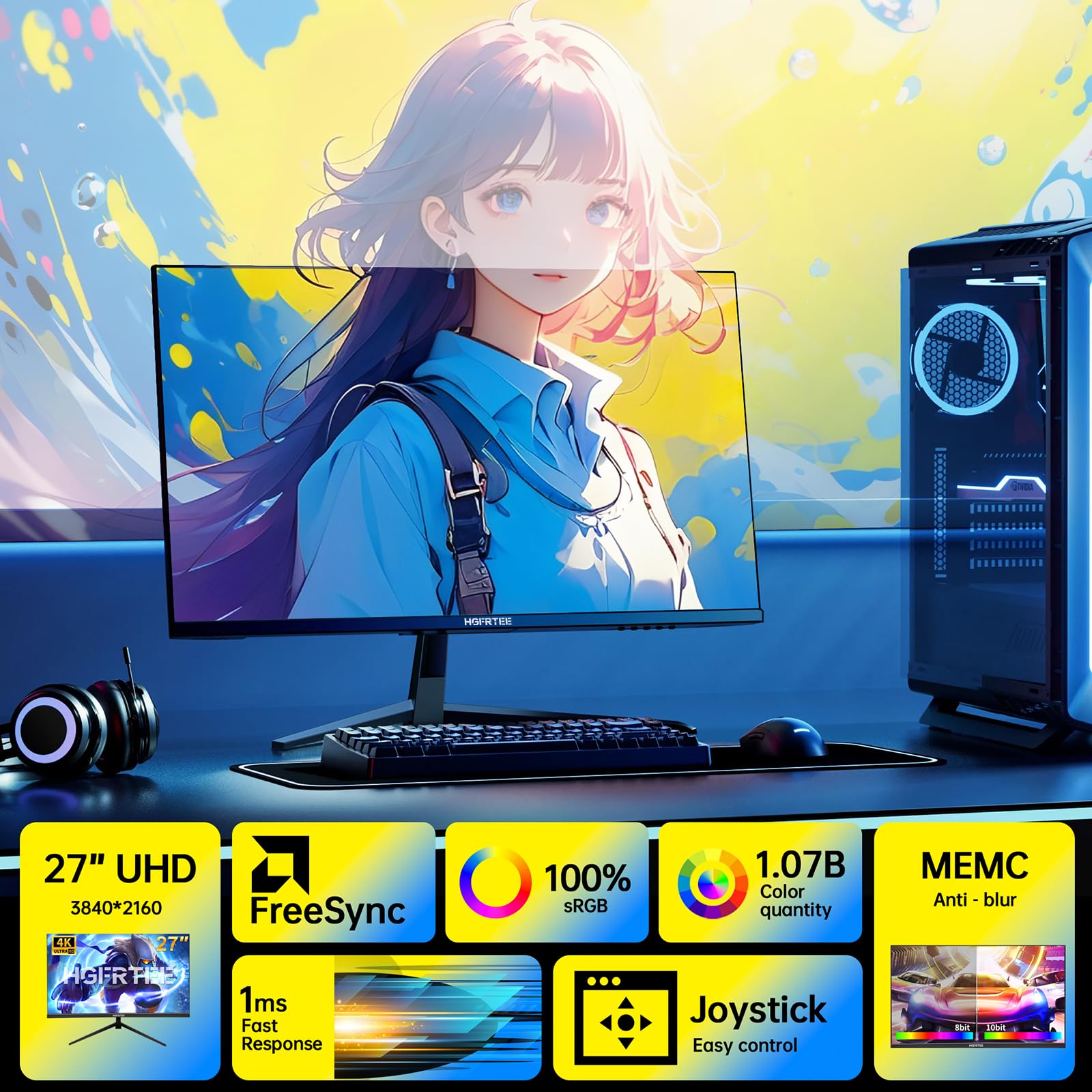 Monitor 27 Pollici 4K UHD (3840×2160), Monitor PC IPS con HDR10, 100% sRGB, 60Hz, 1ms MPRT, HDMI e DisplayPort, VESA 100×100 mm, Schermo PC per Home Office, Multimedia e Monitor Gaming