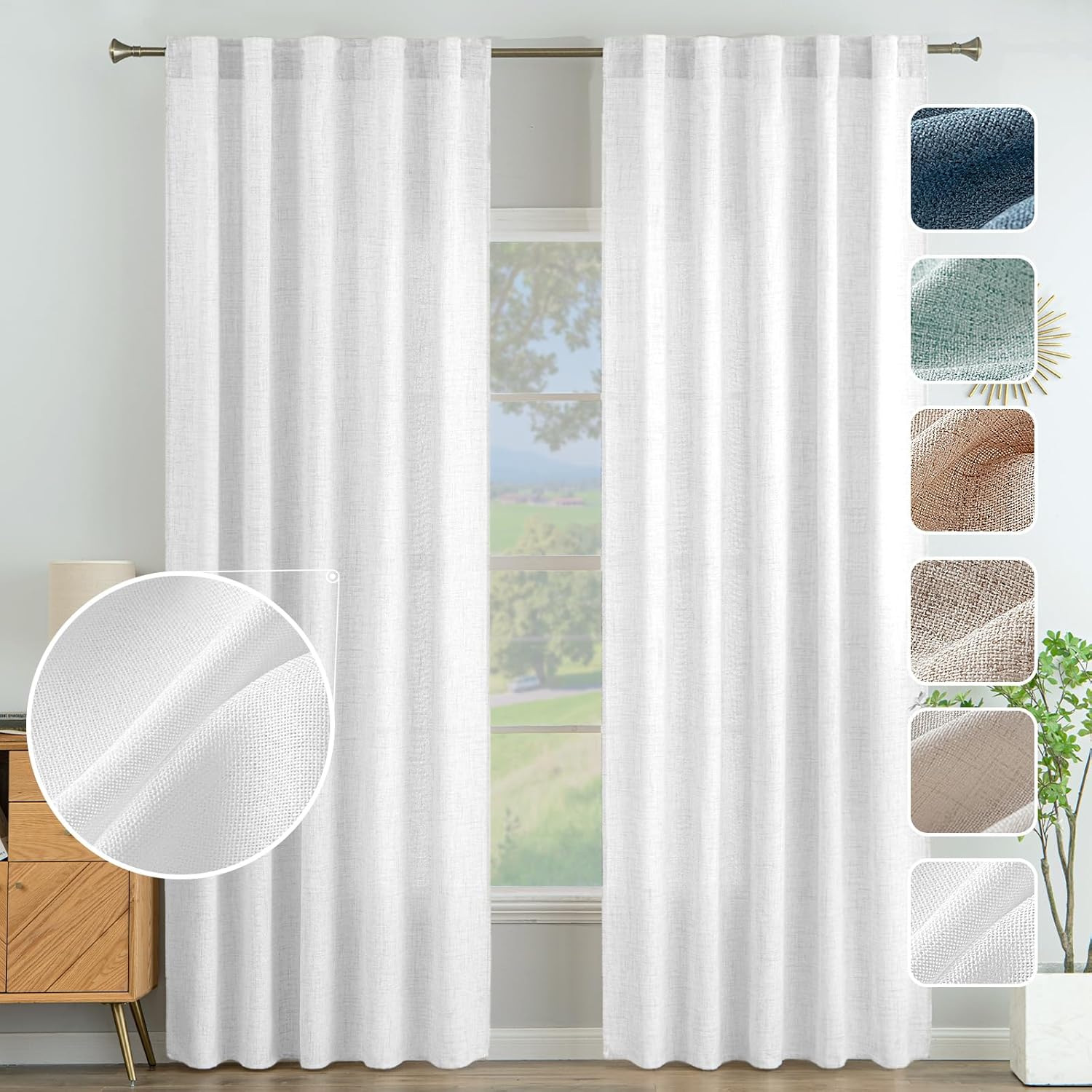 MIULEE Faux Linen Curtains 84 Inch Length 2 Panels White Semi Sheer Curtains with