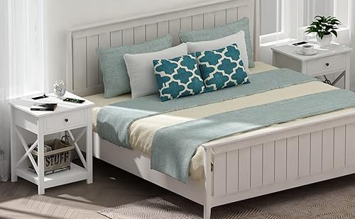 Miniatura 6 de Treocho Mesa auxiliar blanca con estación de carga, mesa auxiliar X-Design con 2 tomas de corriente alterna y USB, mesita de noche pequeña con cajón