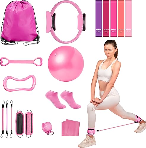 Home Pilates Essentials Kit para mujer 18 piezas de equipo de entrenamiento de pilates con anillo de pilates, pelota de yoga, banda de resistencia,