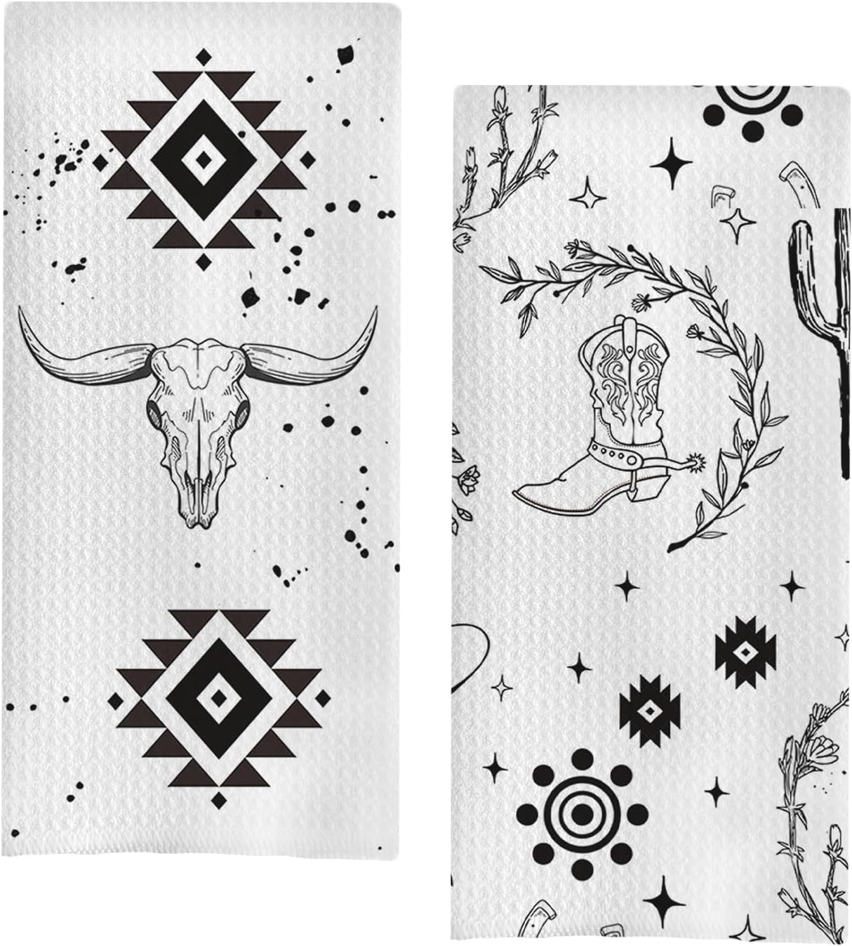 Aztec Western Kitchen Towels, Bull Skull Cactus Hand Towels for Bathroom,Vintage Western Dish Towel, 16x24 Inches, Set of 2